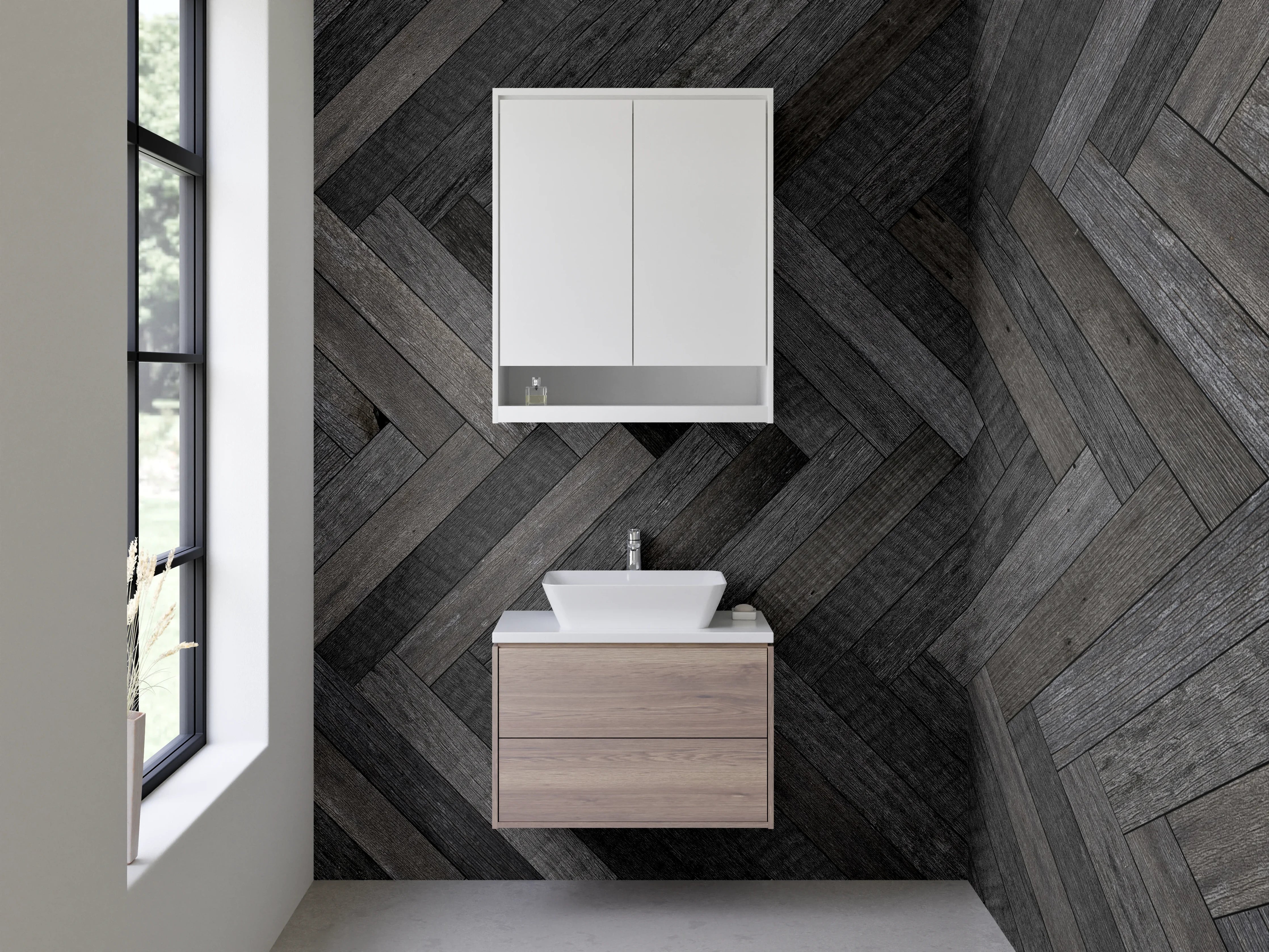 Waschbecken-Rückwand - Graues Fischgrät Weißholz Design