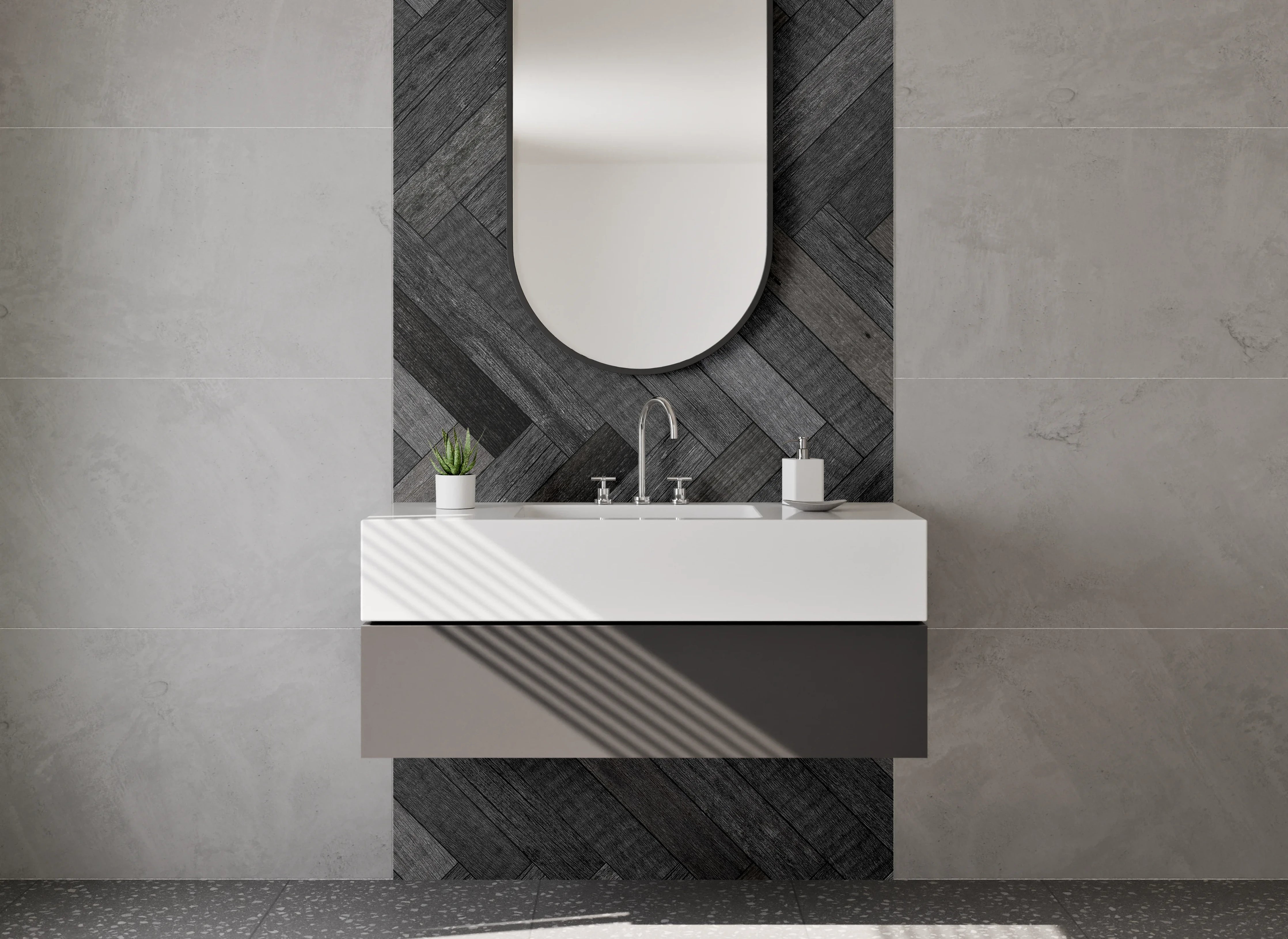 Waschbecken-Rückwand - Graues Fischgrät Weißholz Design