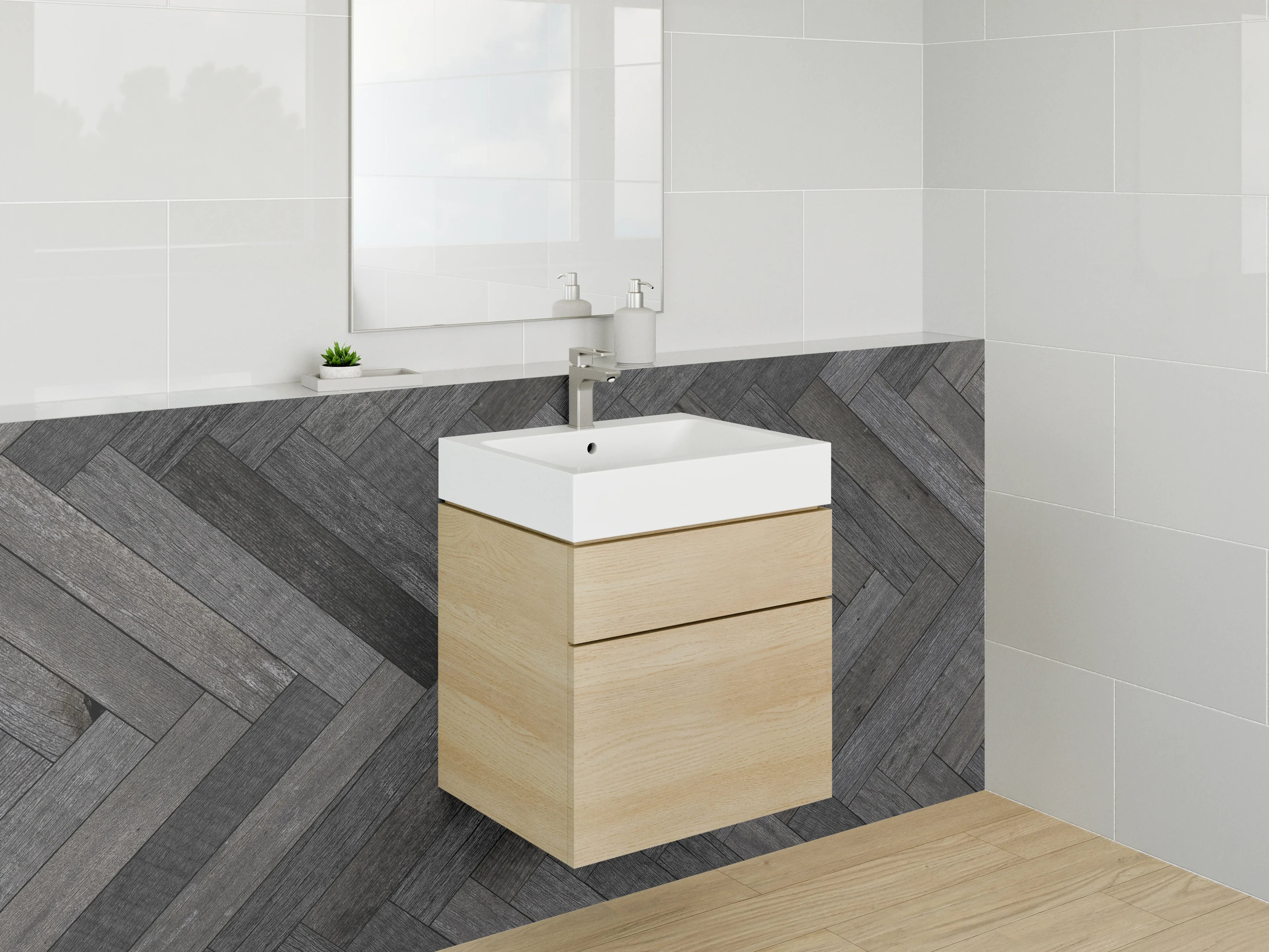 Waschbecken-Rückwand - Graues Fischgrät Weißholz Design