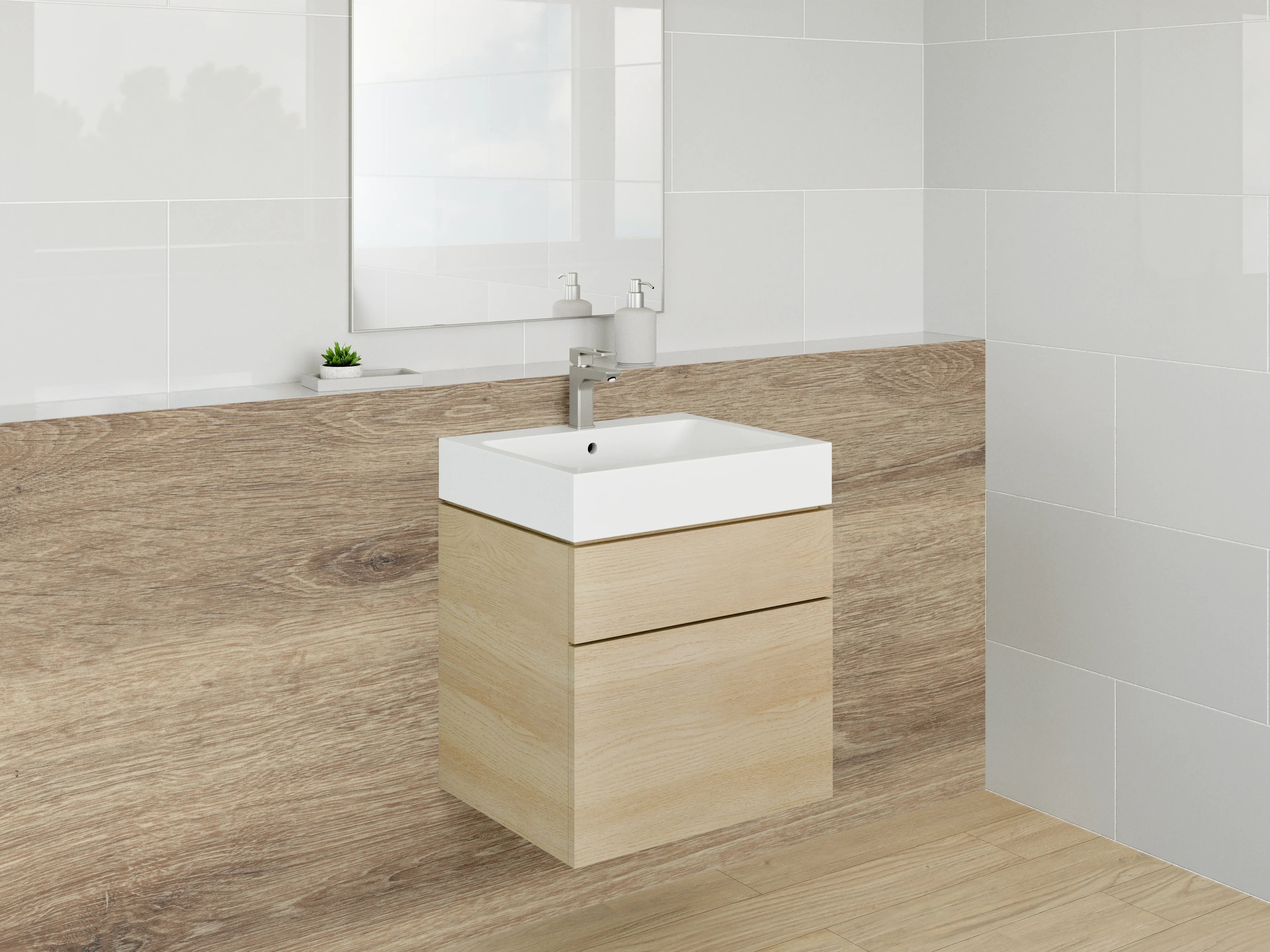 Waschbecken-Rückwand - Graues Holzdekor mit weißen Akzenten