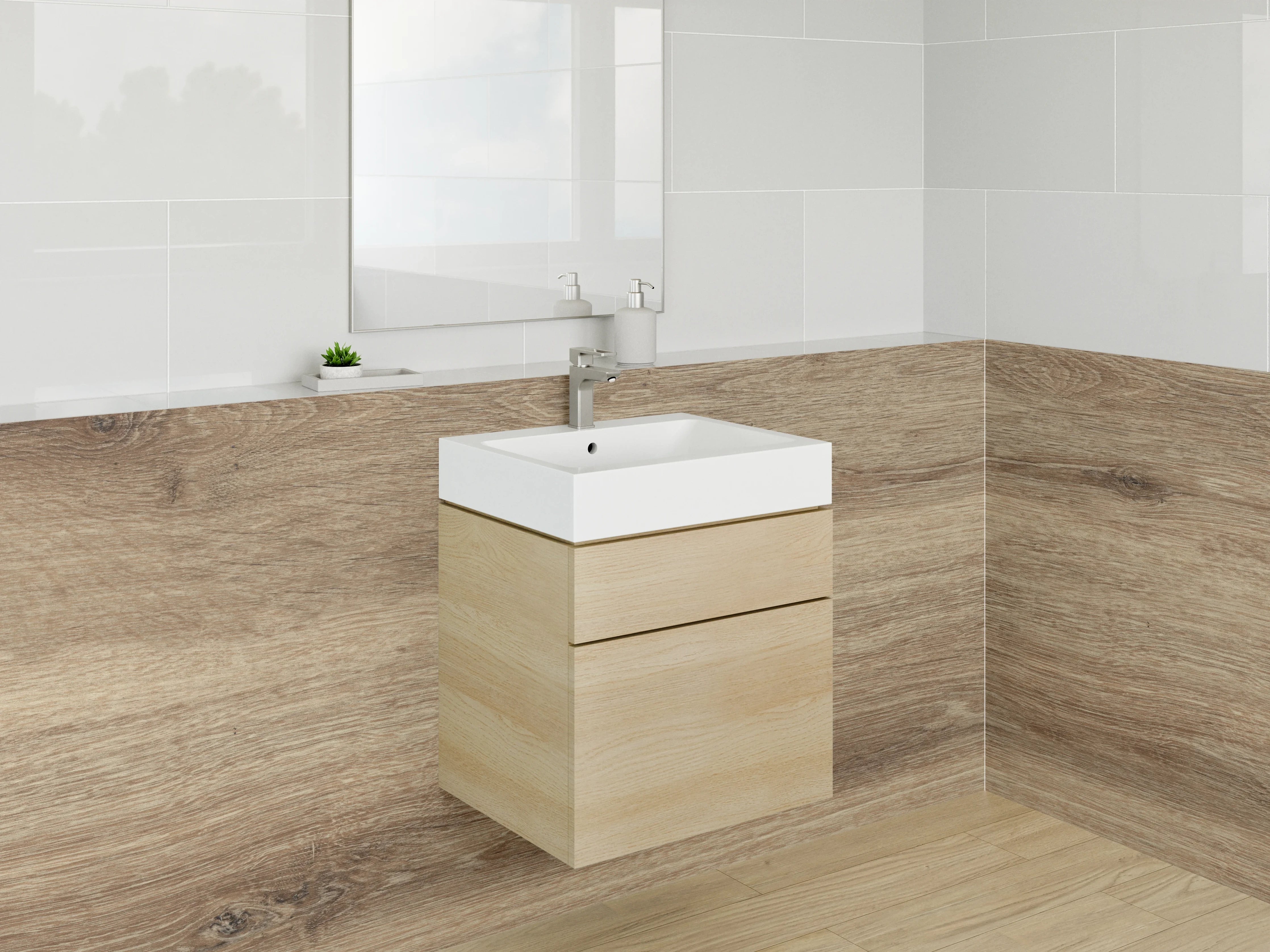 Waschbecken-Rückwand - Graues Holzdekor mit weißen Akzenten