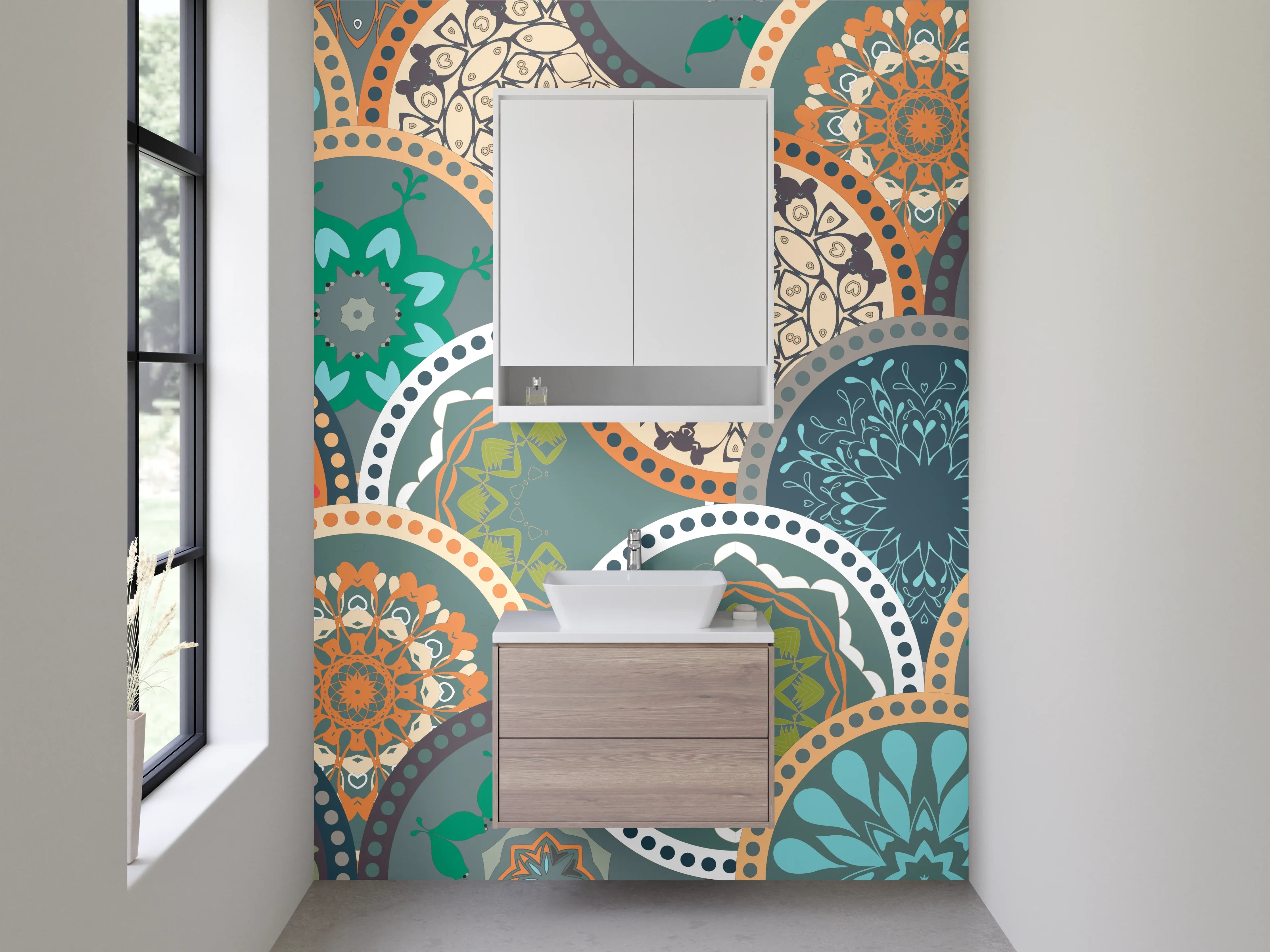 Waschbecken-Rückwand - Graues Mosaik Mandala auf Weiß