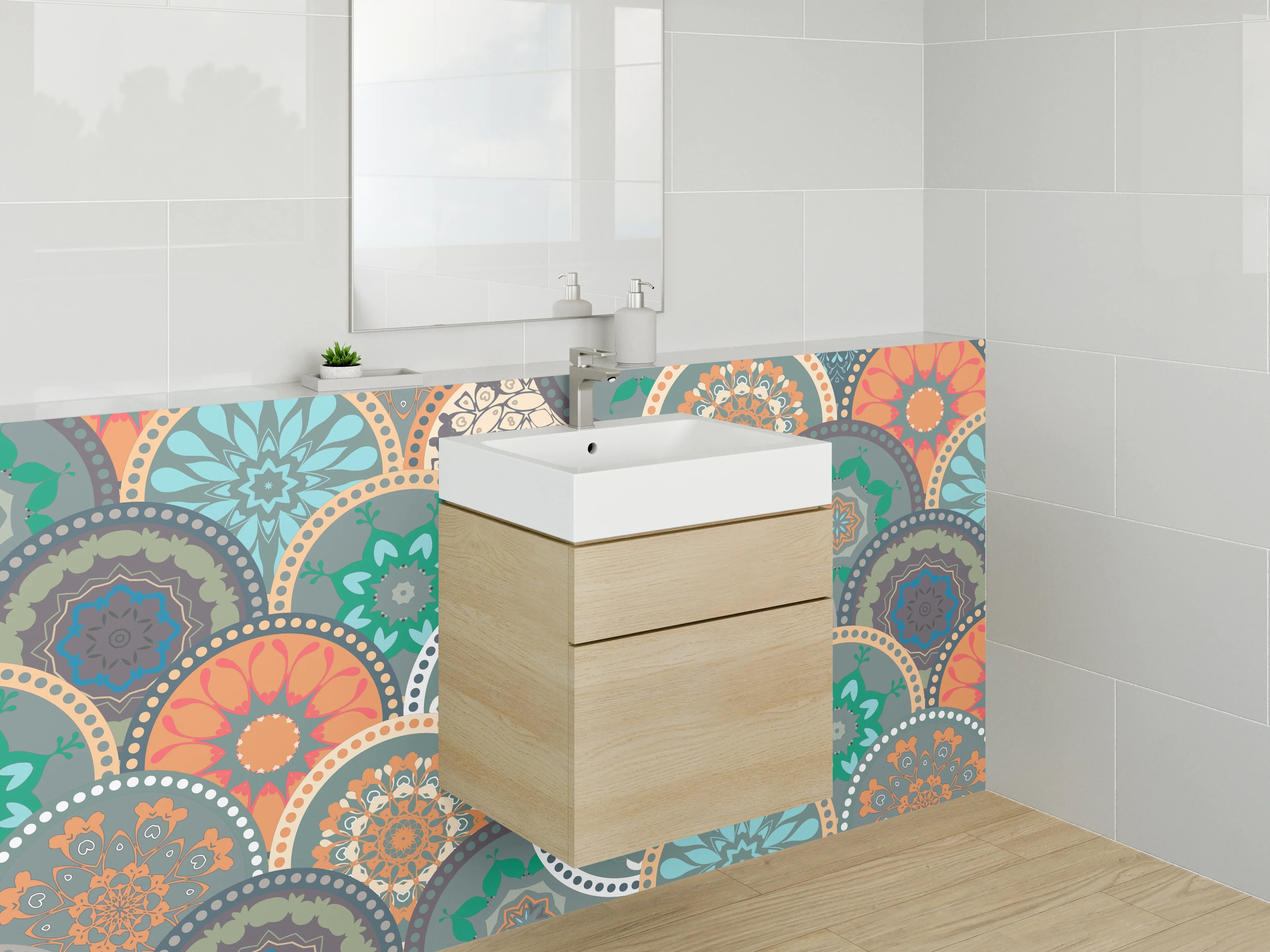 Waschbecken-Rückwand - Graues Mosaik Mandala auf Weiß