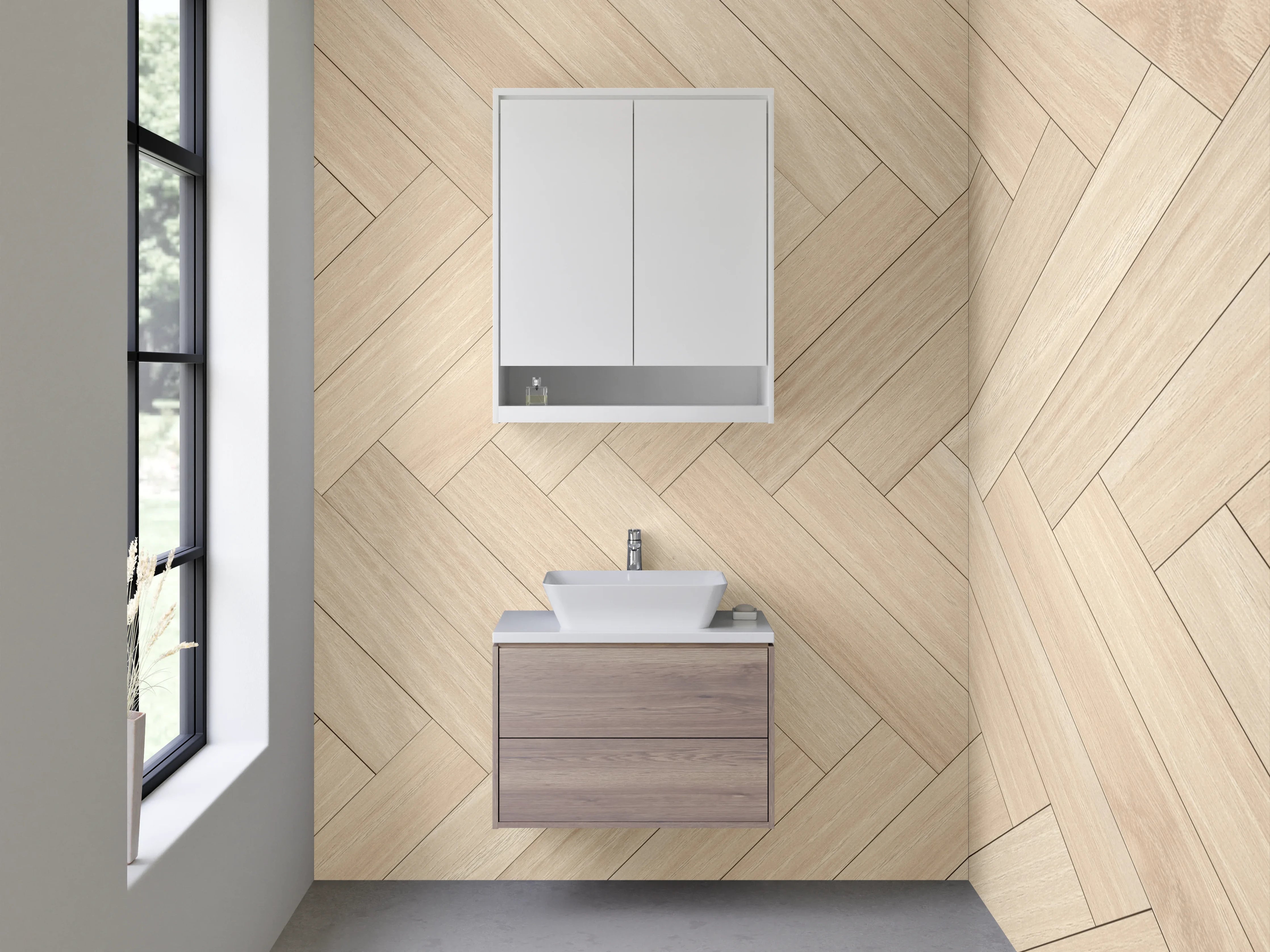 Waschbecken-Rückwand - Graugestreiftes Fischgrät-Holzdesign