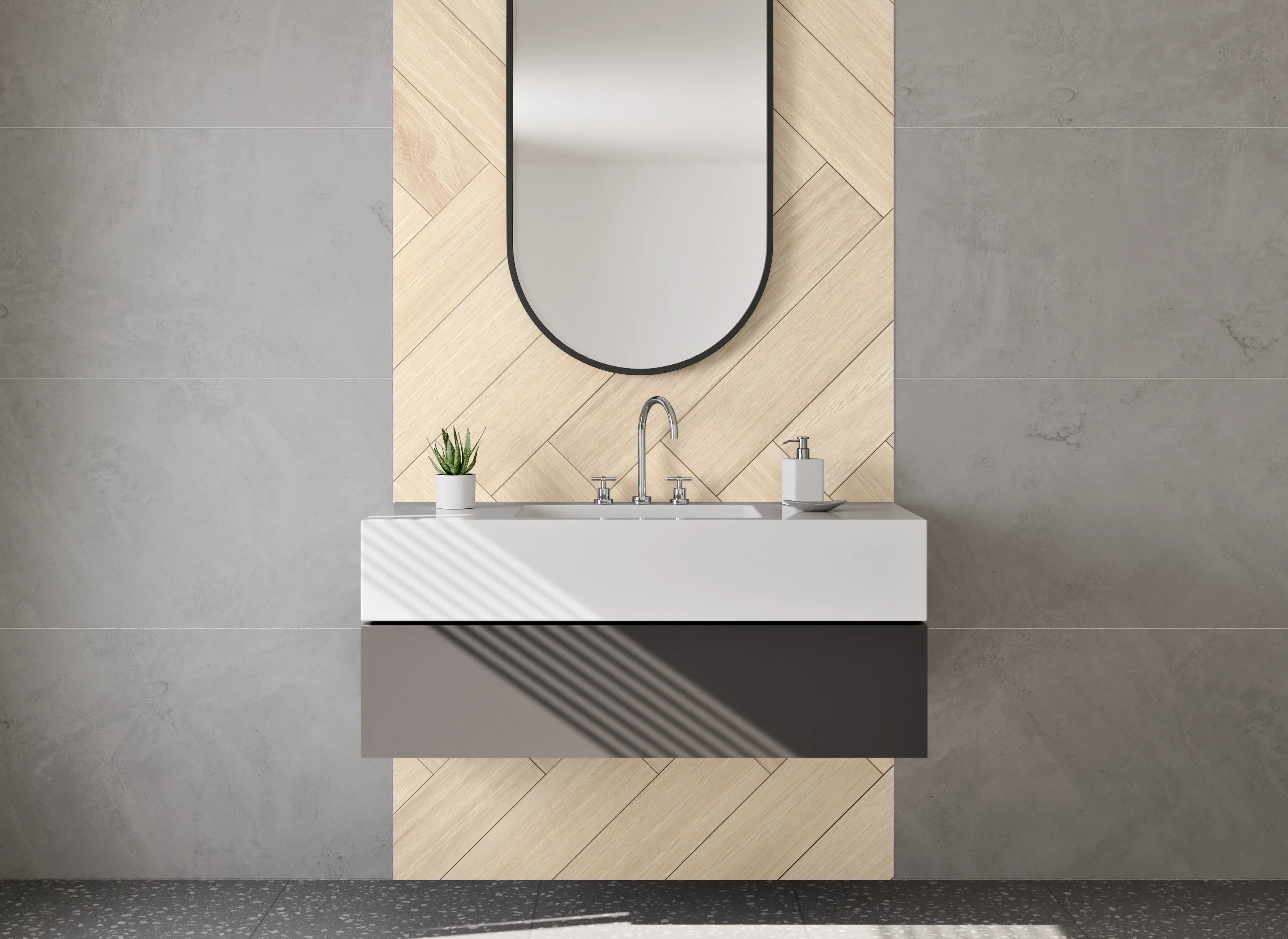 Waschbecken-Rückwand - Graugestreiftes Fischgrät-Holzdesign