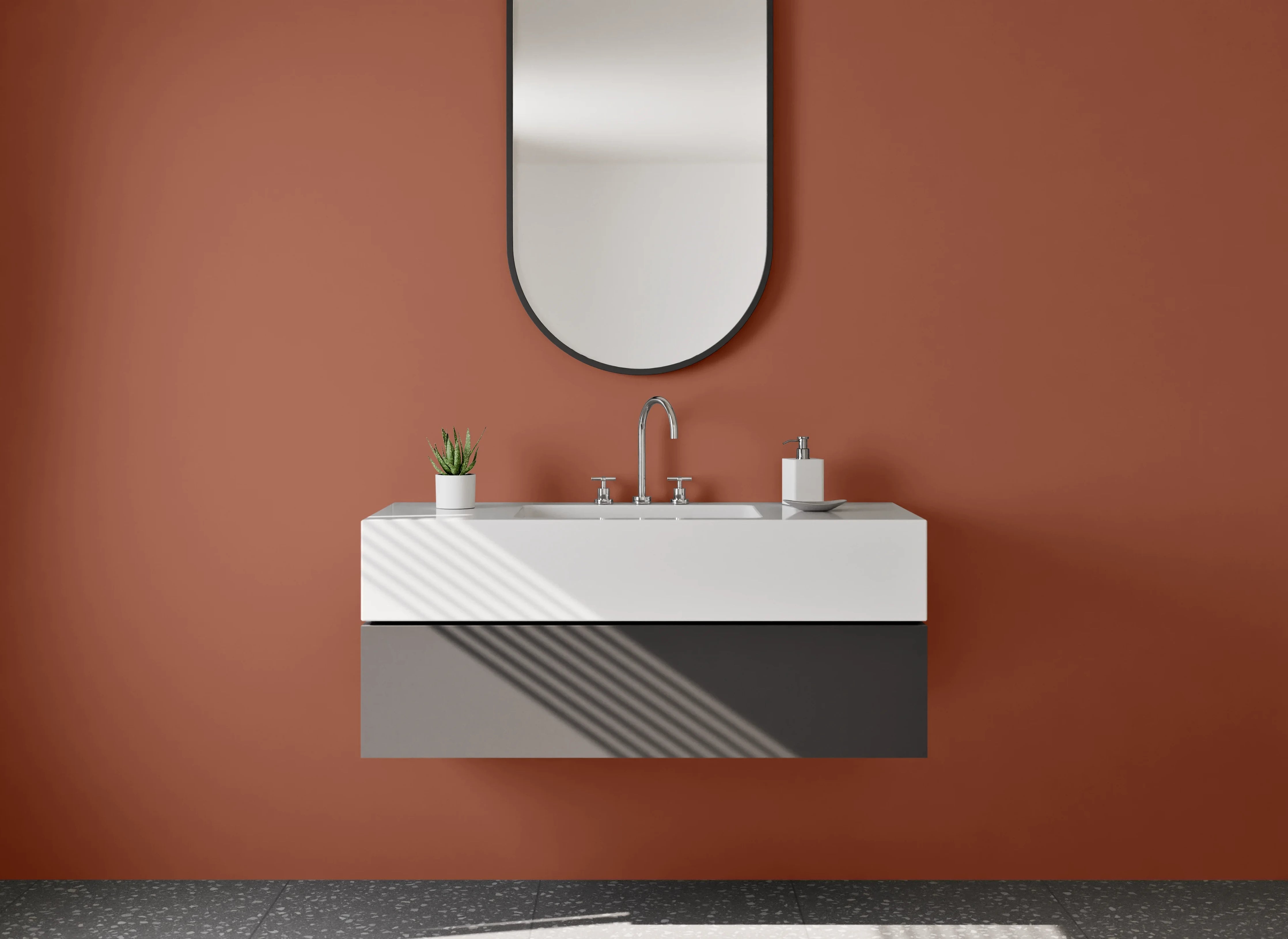 Waschbecken-Rückwand - Graugetönte Eleganz in Weißbraun