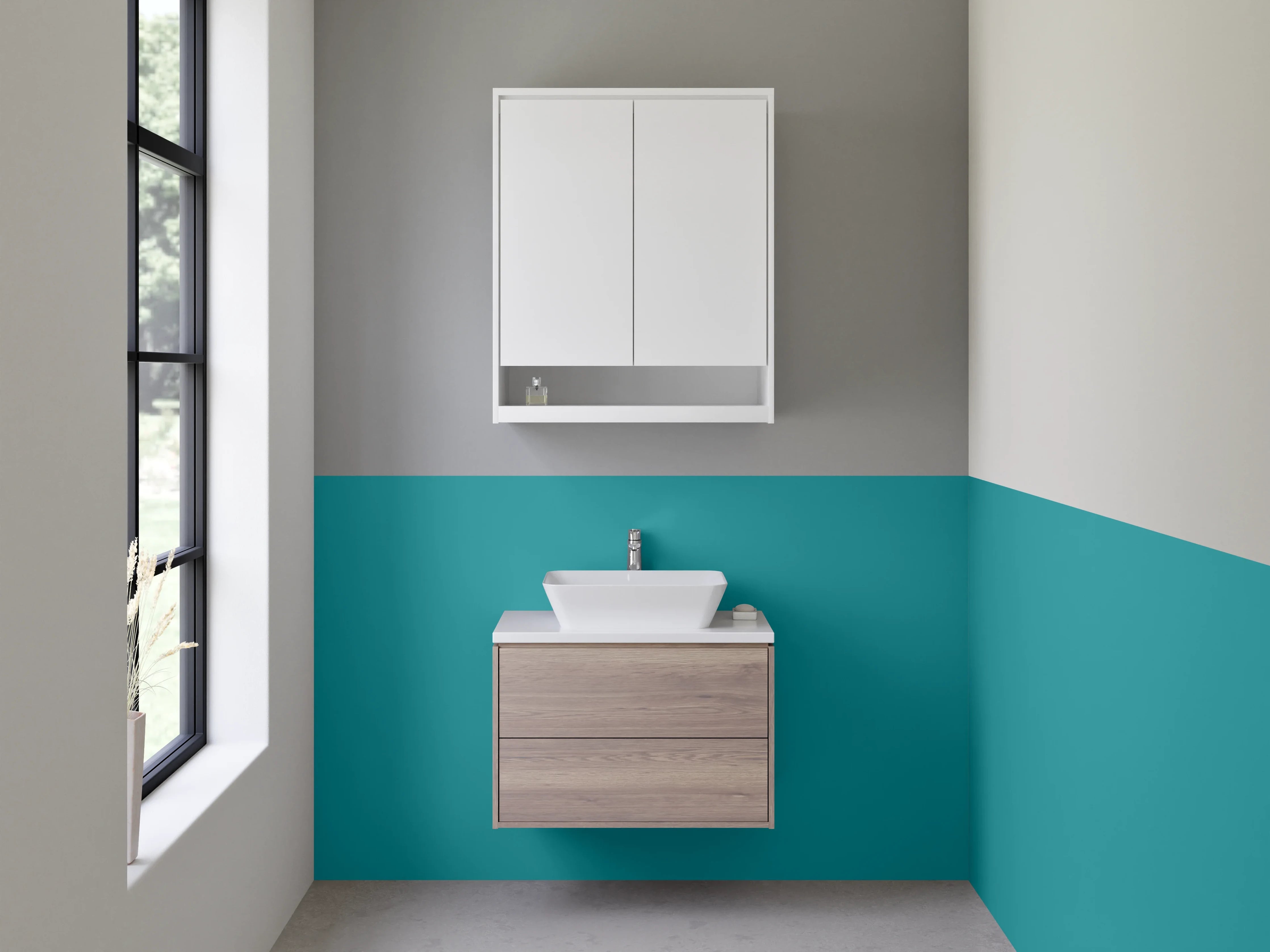 Waschbecken-Rückwand - Graugrüner Nebel auf Weiß