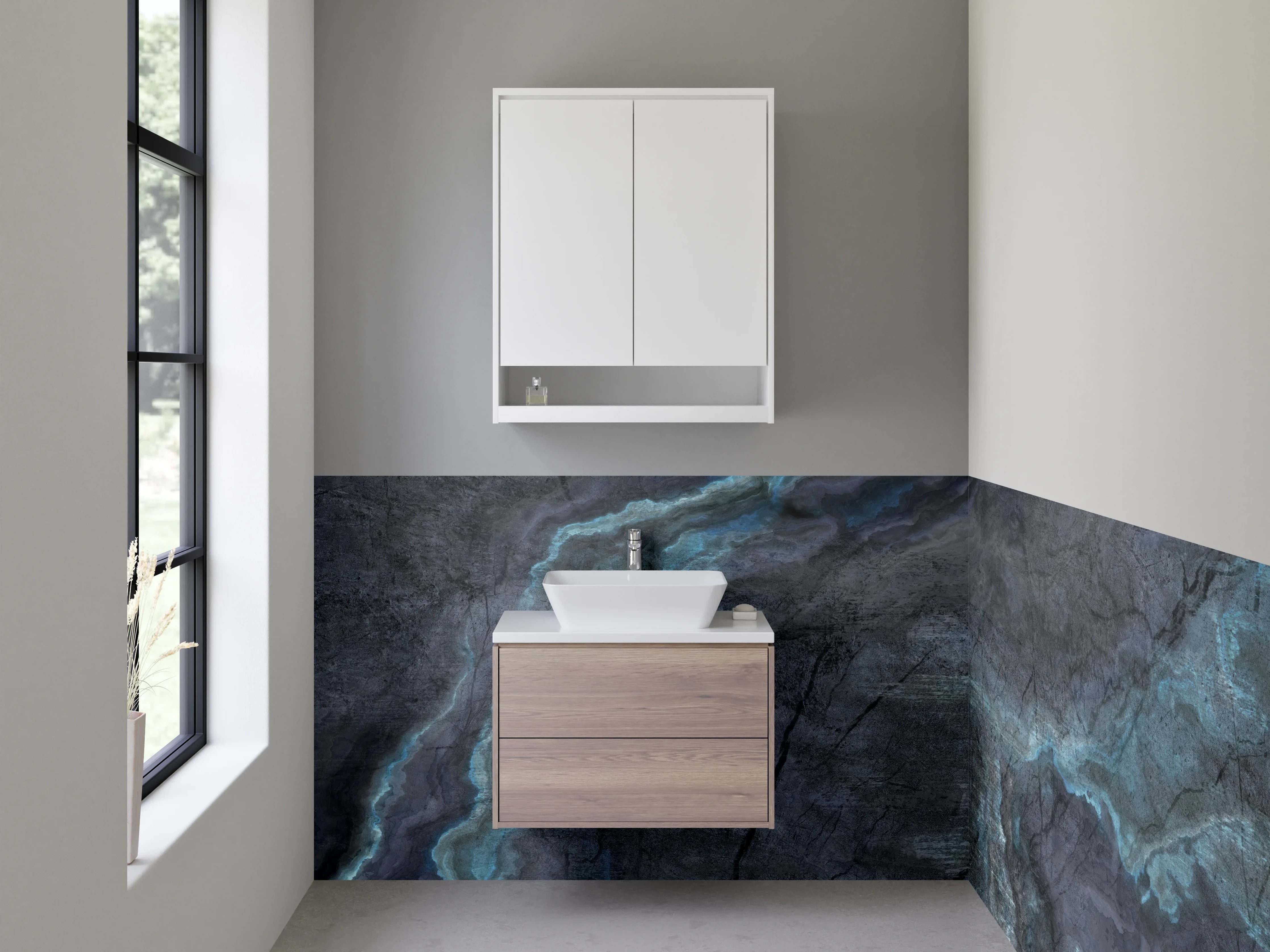 Waschbecken-Rückwand - Graumarmor mit blauen und weißen Akzenten