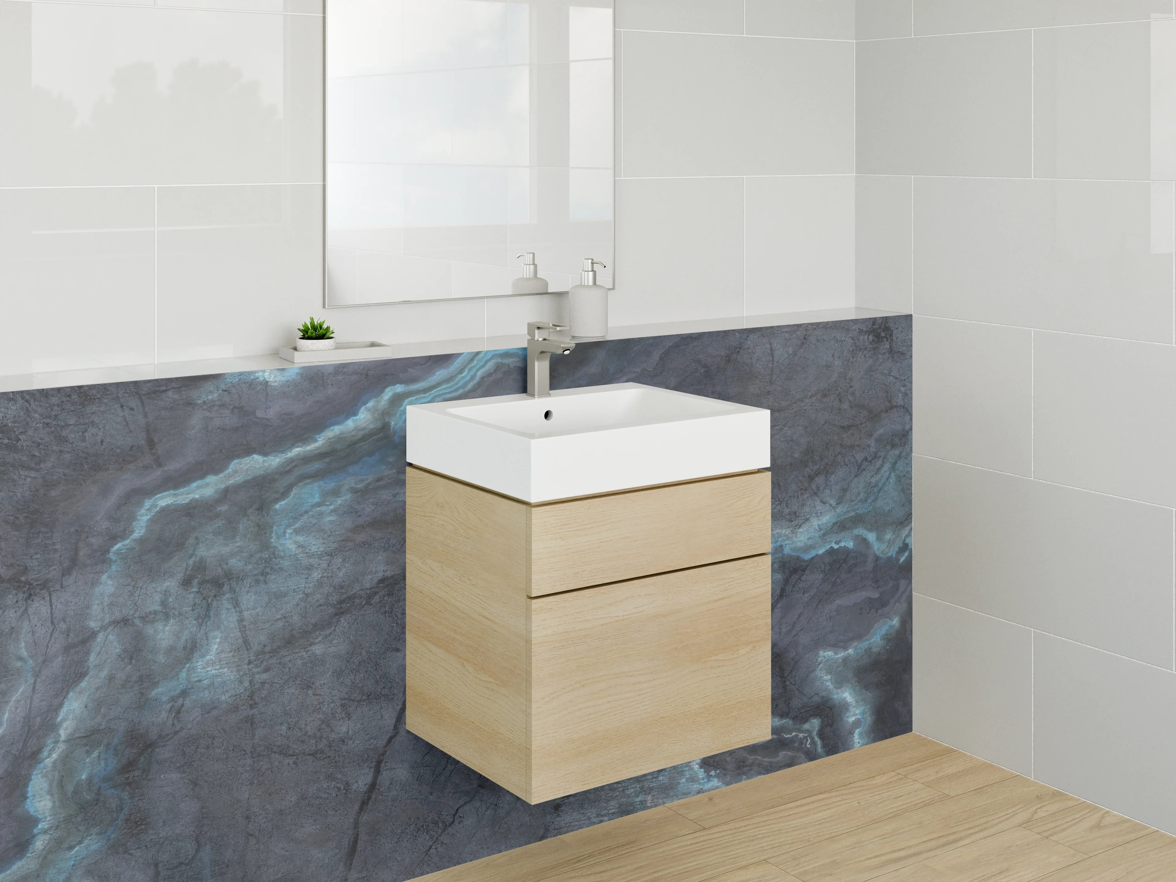 Waschbecken-Rückwand - Graumarmor mit blauen und weißen Akzenten