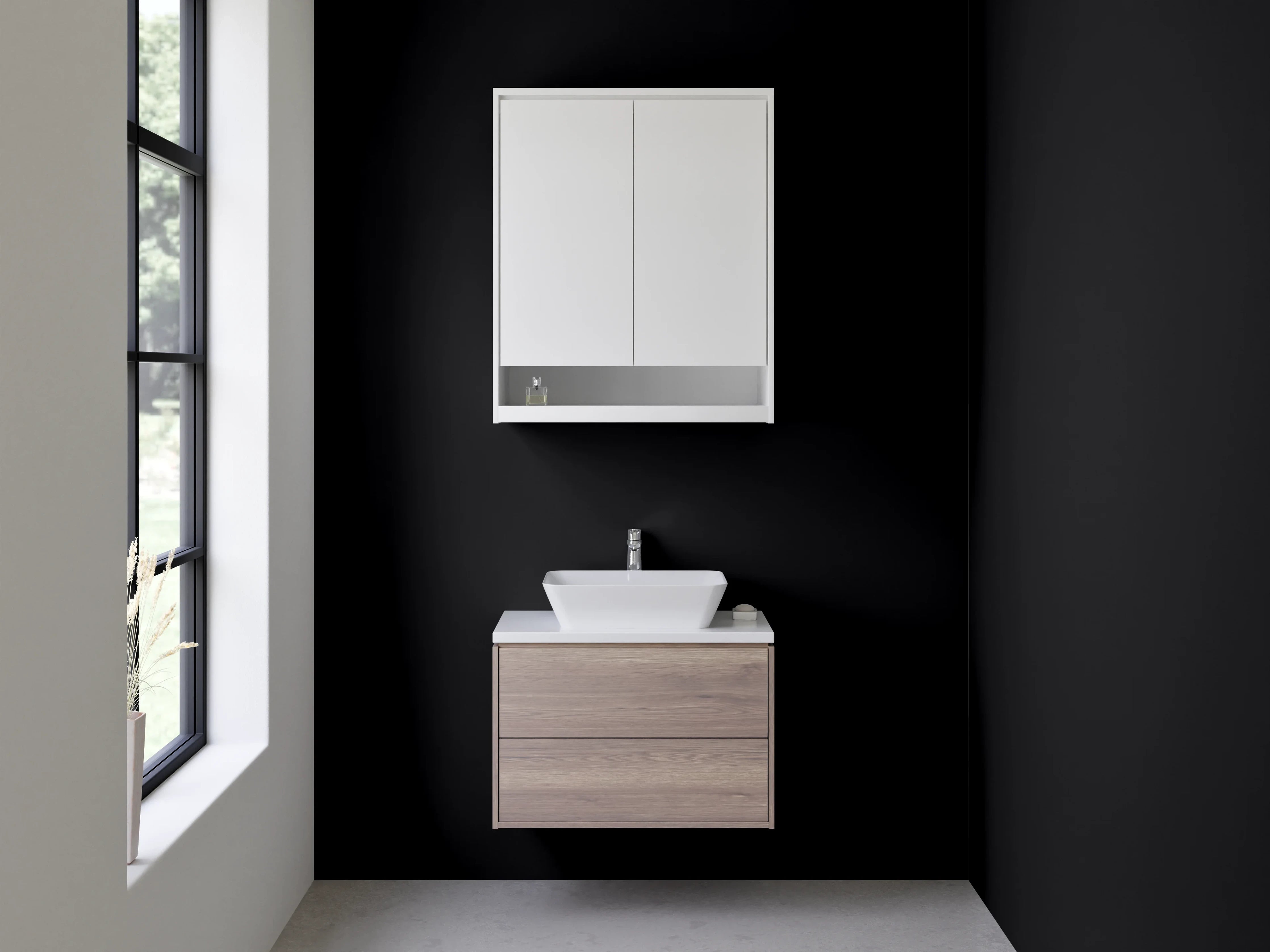 Waschbecken-Rückwand - Grauschattierte Weißmotive im Nachtschwarz