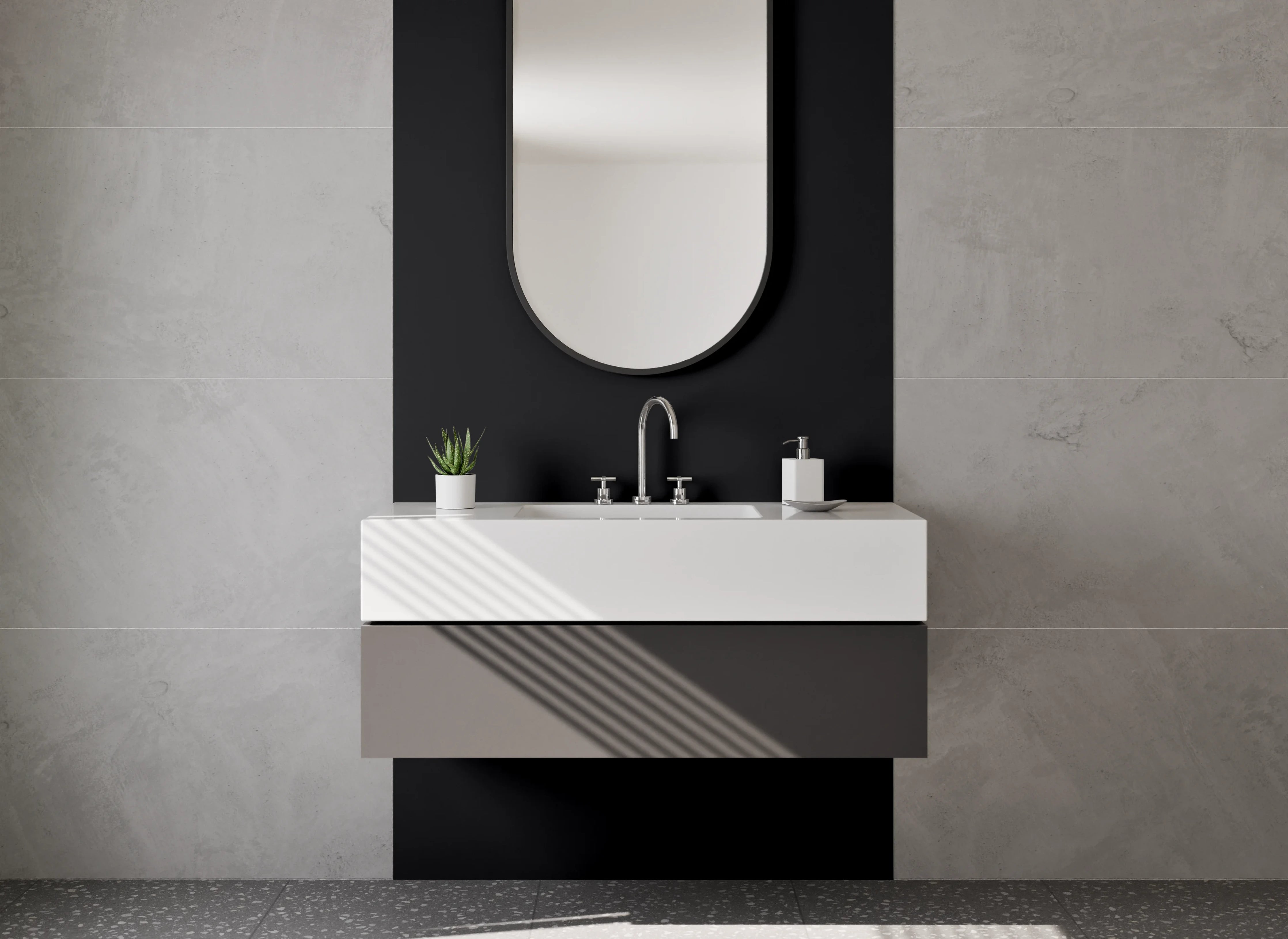 Waschbecken-Rückwand - Grauschattierte Weißmotive im Nachtschwarz