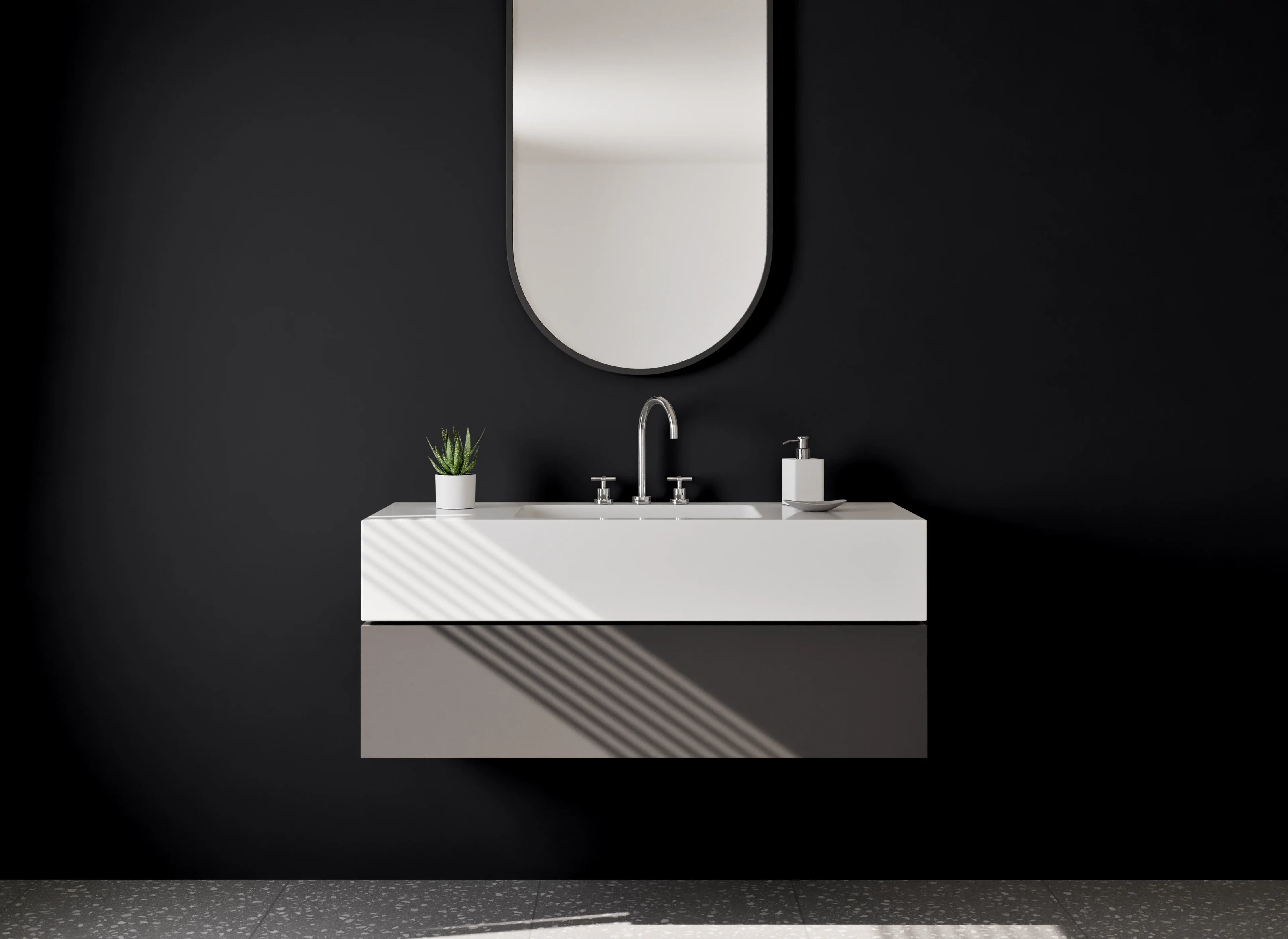 Waschbecken-Rückwand - Grauschattierte Weißmotive im Nachtschwarz