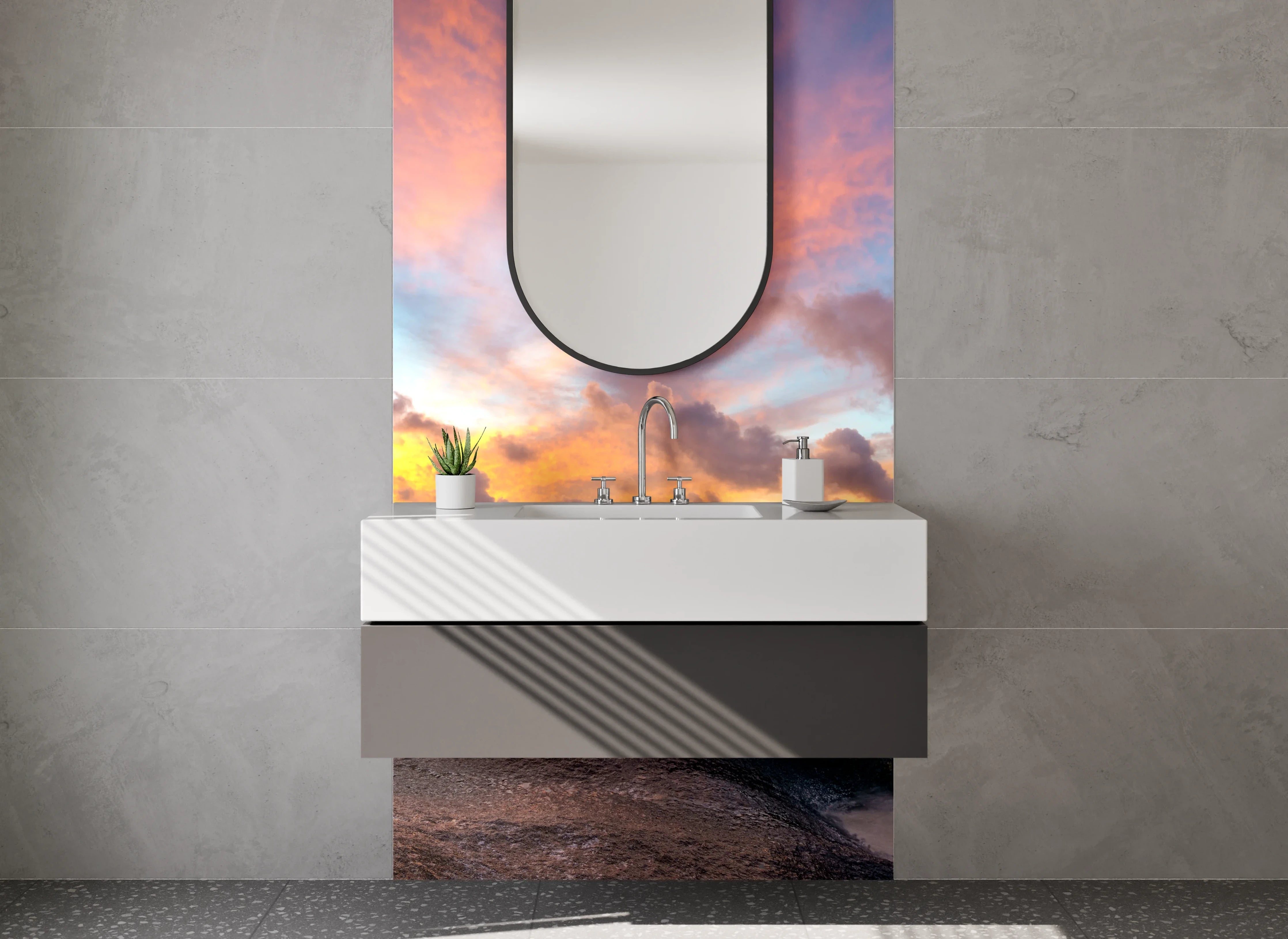 Waschbecken-Rückwand - Grauschimmer am weißen Küstenhorizont
