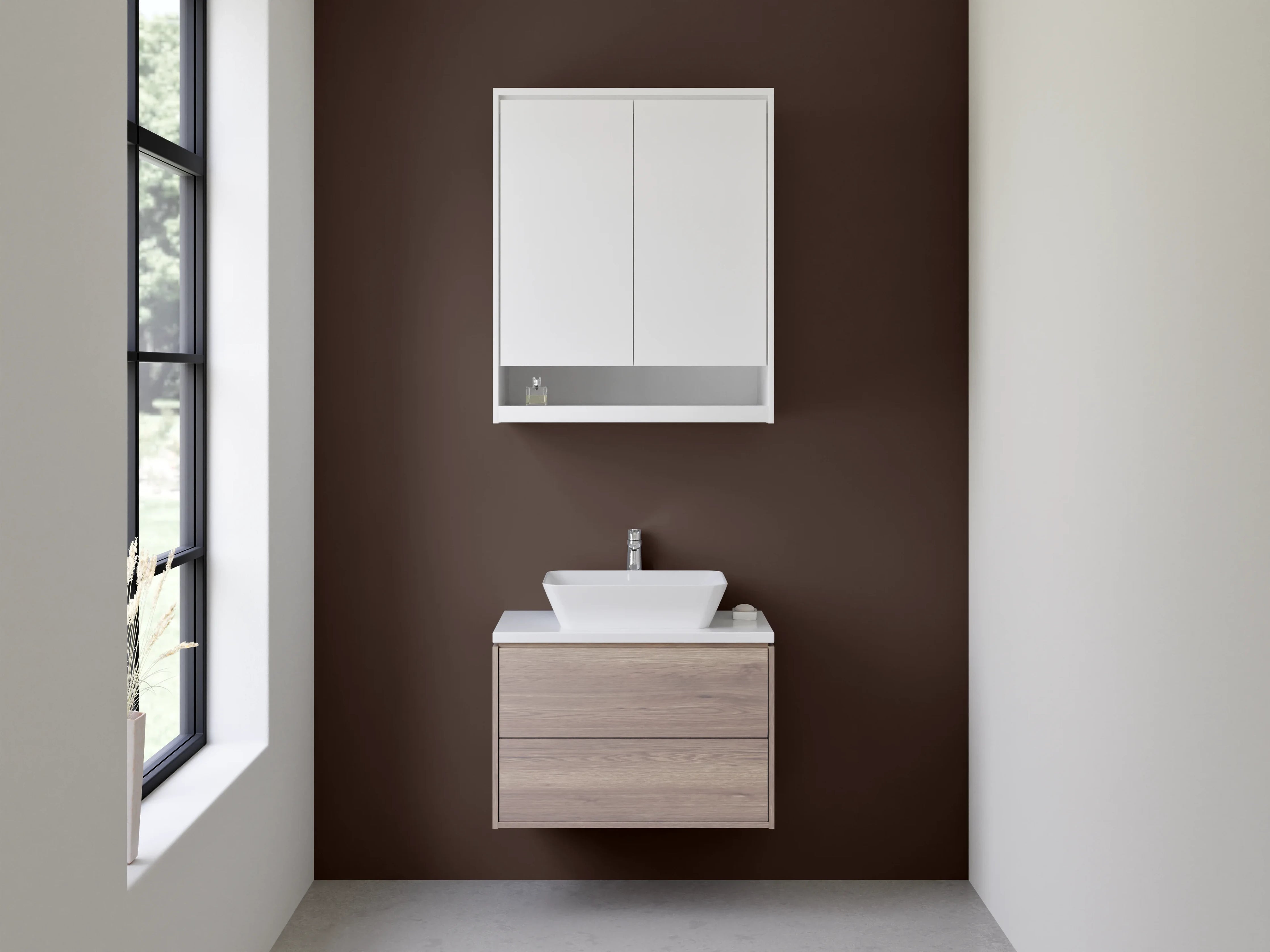 Waschbecken-Rückwand - Grauschimmer auf Kakaobraun Weiß