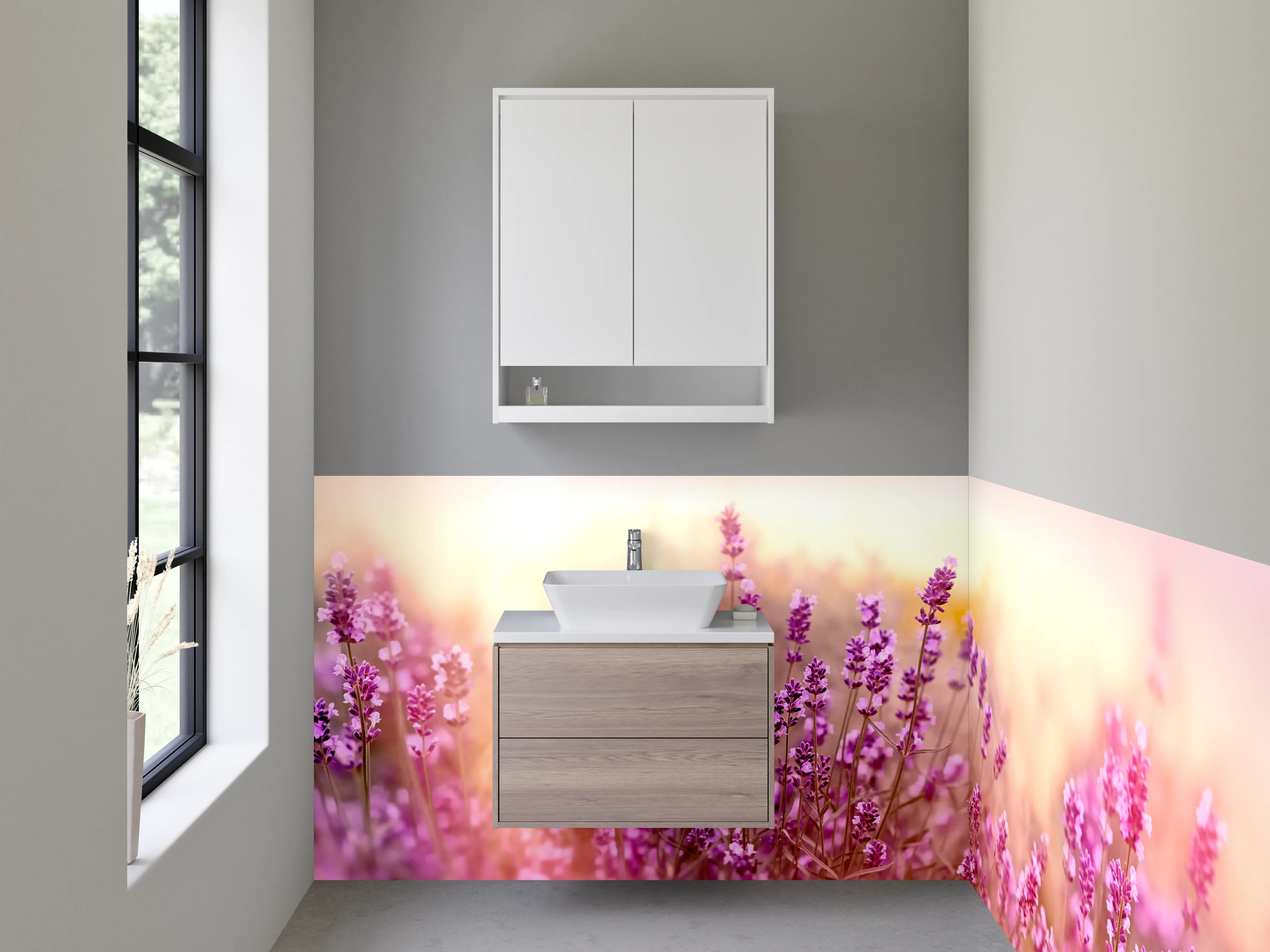 Waschbecken-Rückwand - Grauschimmer auf weißer Lavendeltraum