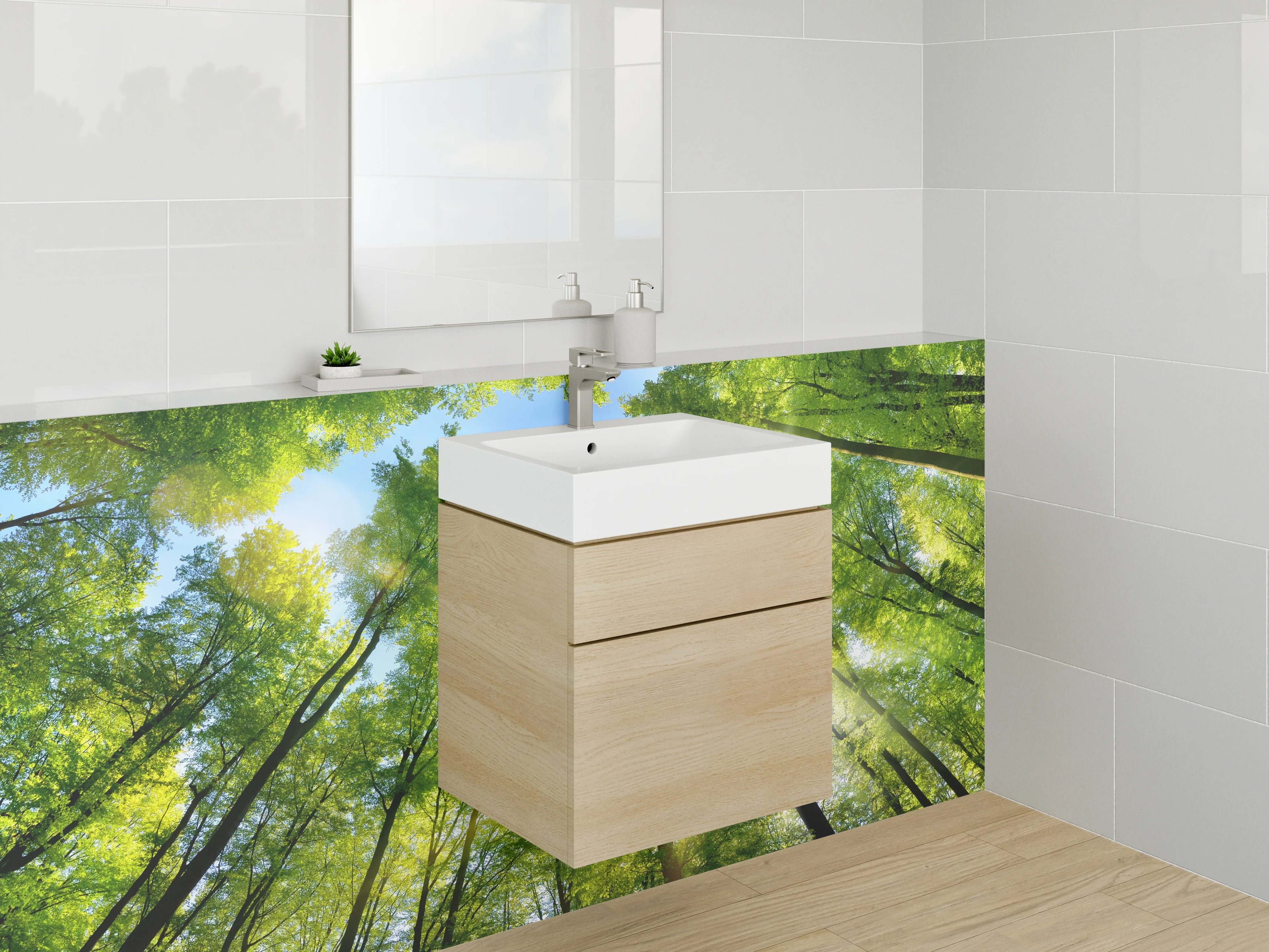 Waschbecken-Rückwand - Grauschimmer im weißen Blätterdach