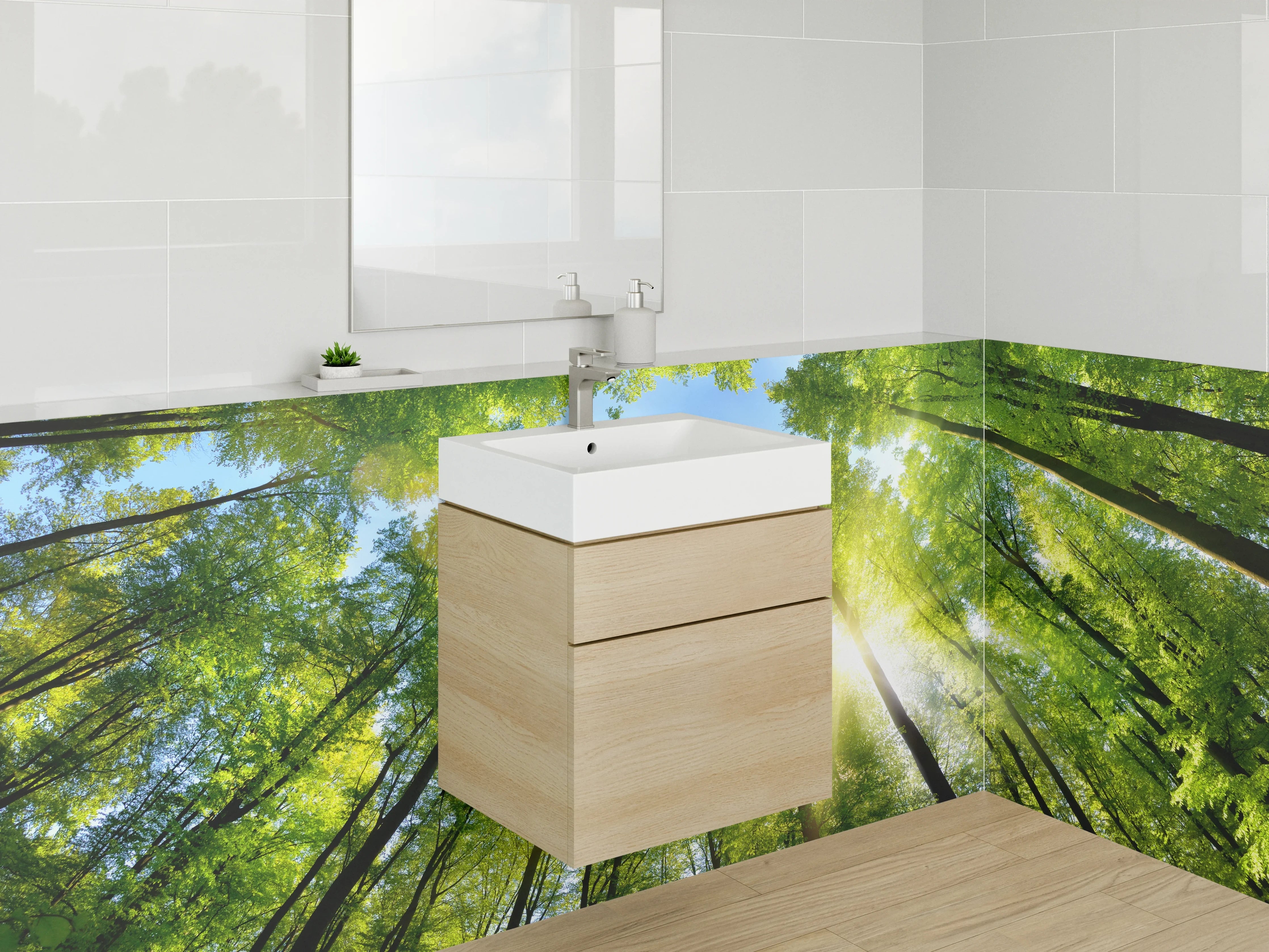 Waschbecken-Rückwand - Grauschimmer im weißen Blätterdach