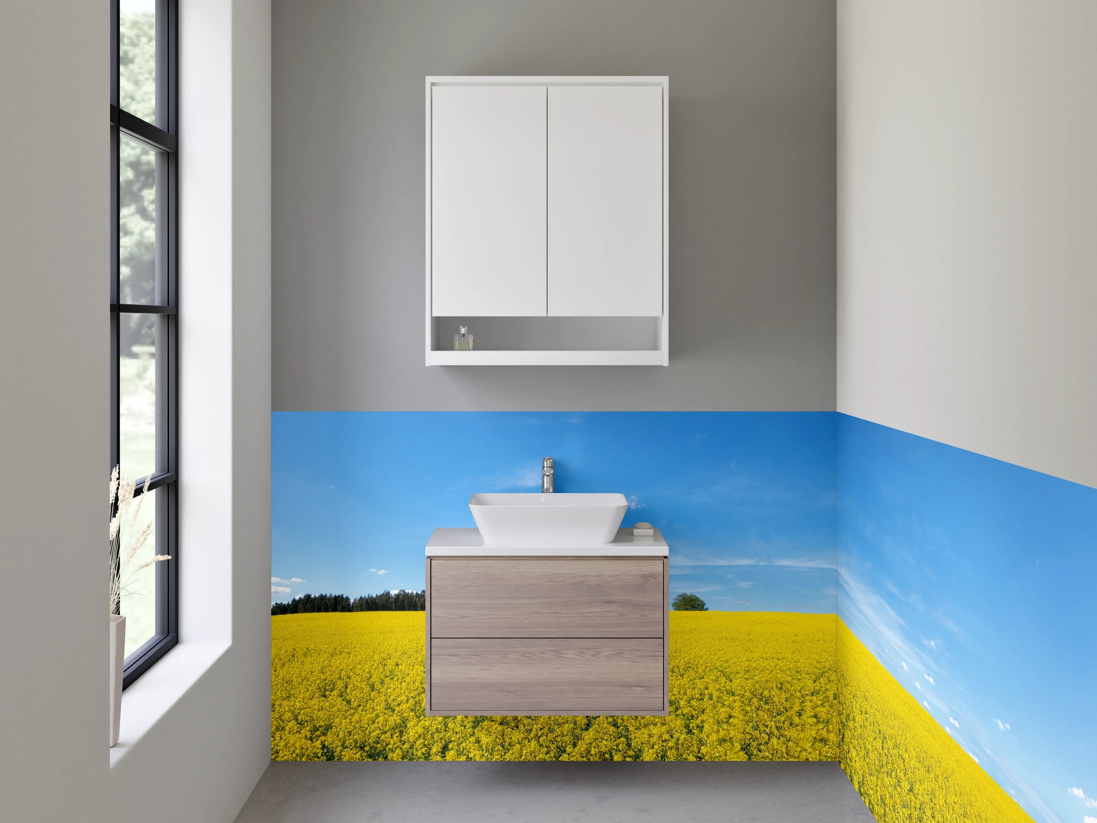 Waschbecken-Rückwand - Grauschimmer im weißen Blütenmeer