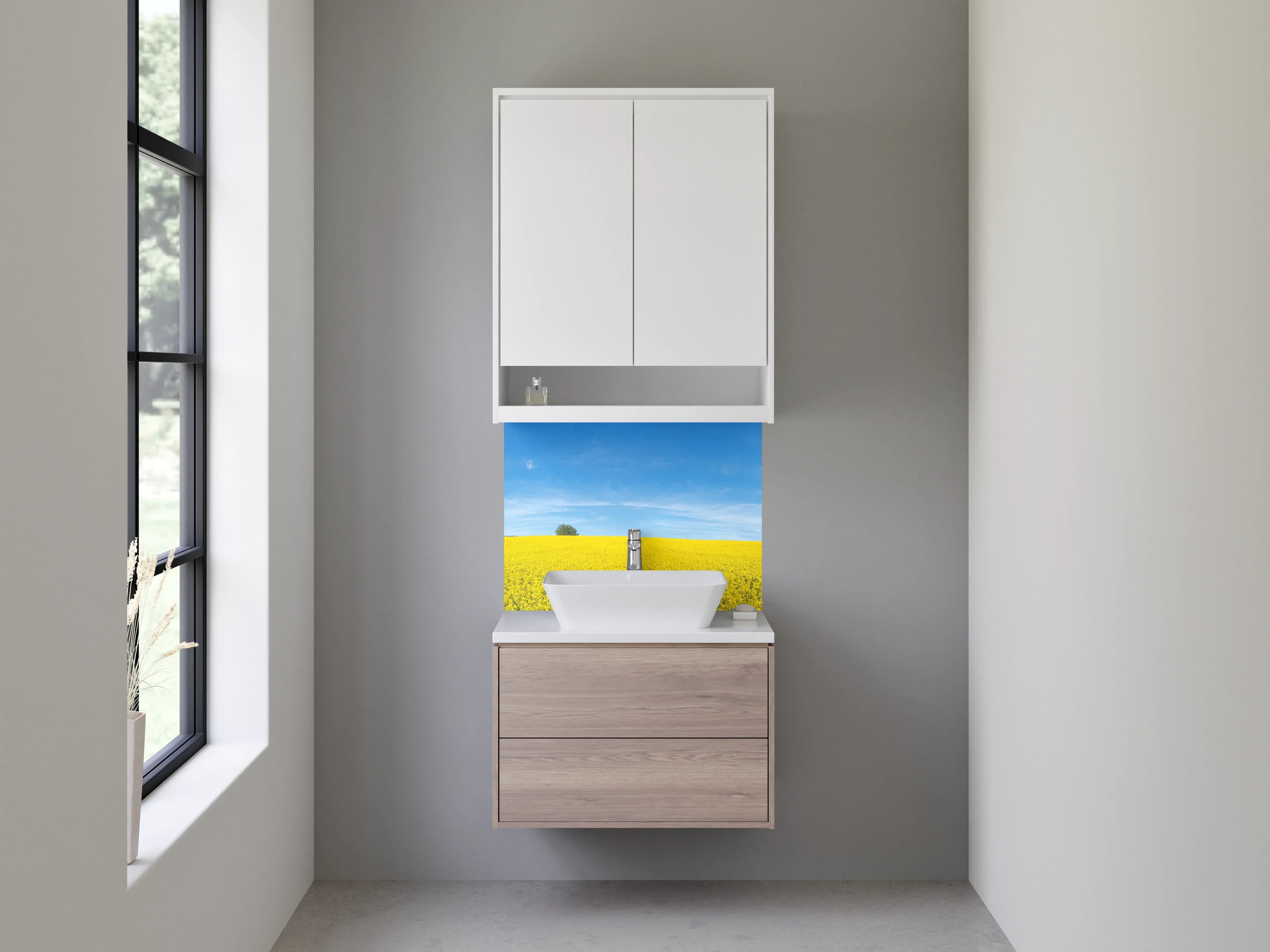 Waschbecken-Rückwand - Grauschimmer im weißen Blütenmeer