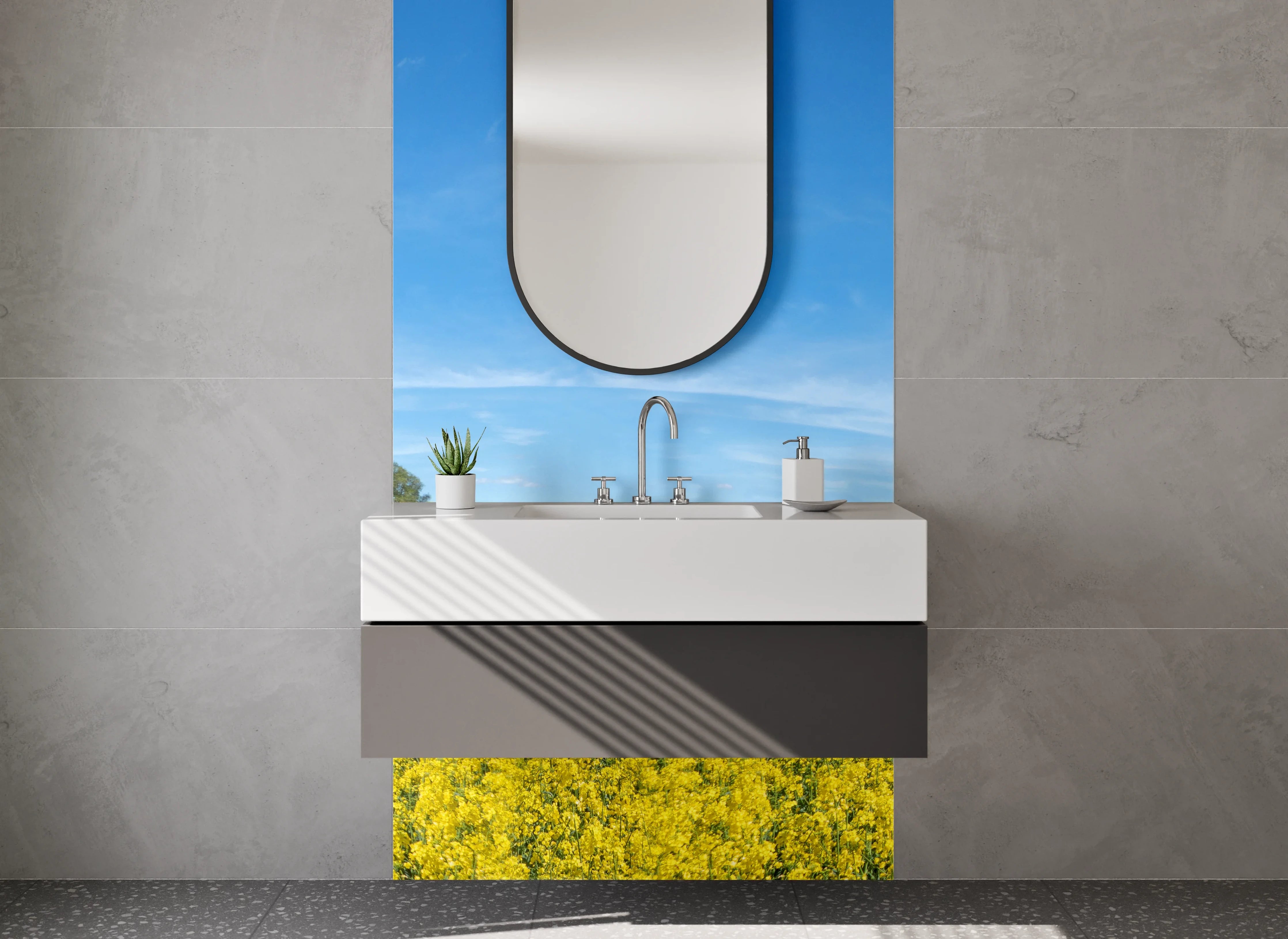 Waschbecken-Rückwand - Grauschimmer im weißen Blütenmeer