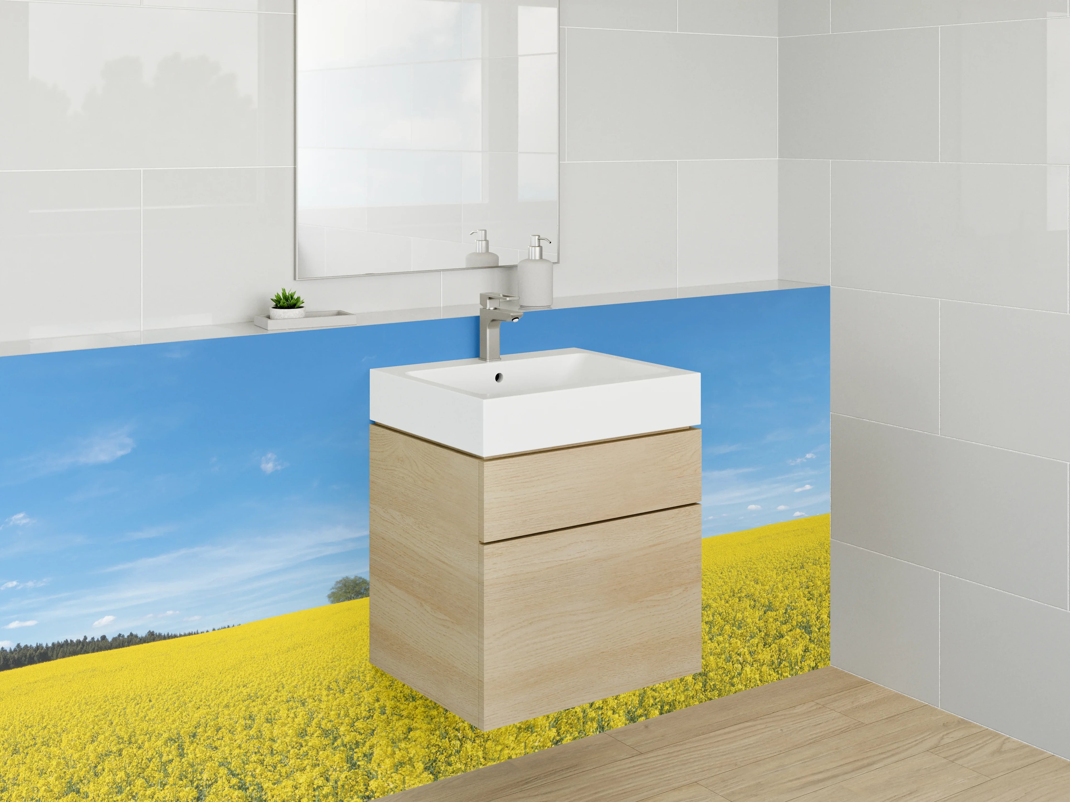 Waschbecken-Rückwand - Grauschimmer im weißen Blütenmeer