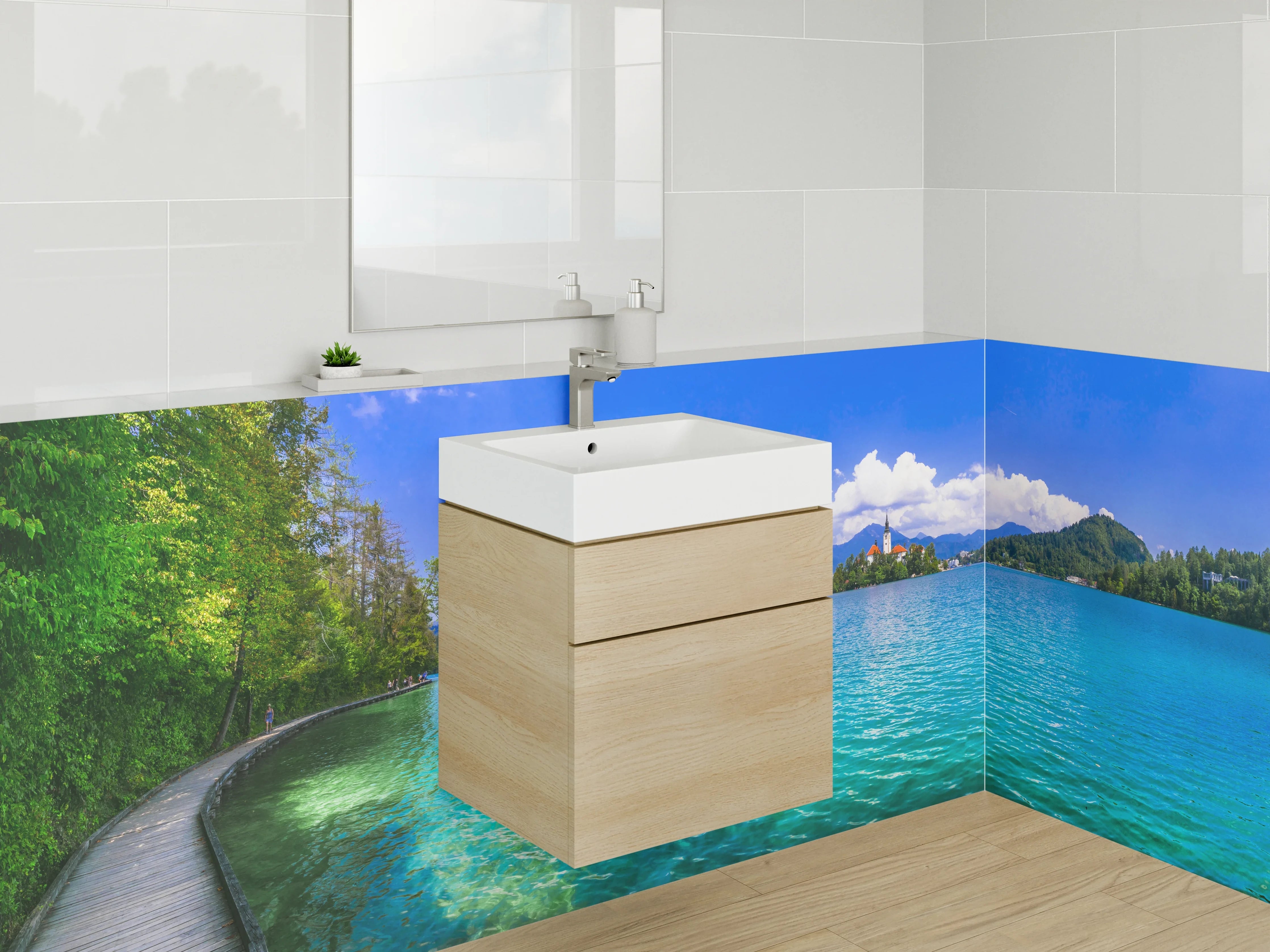 Waschbecken-Rückwand - Grauschimmer über See und Gipfeln