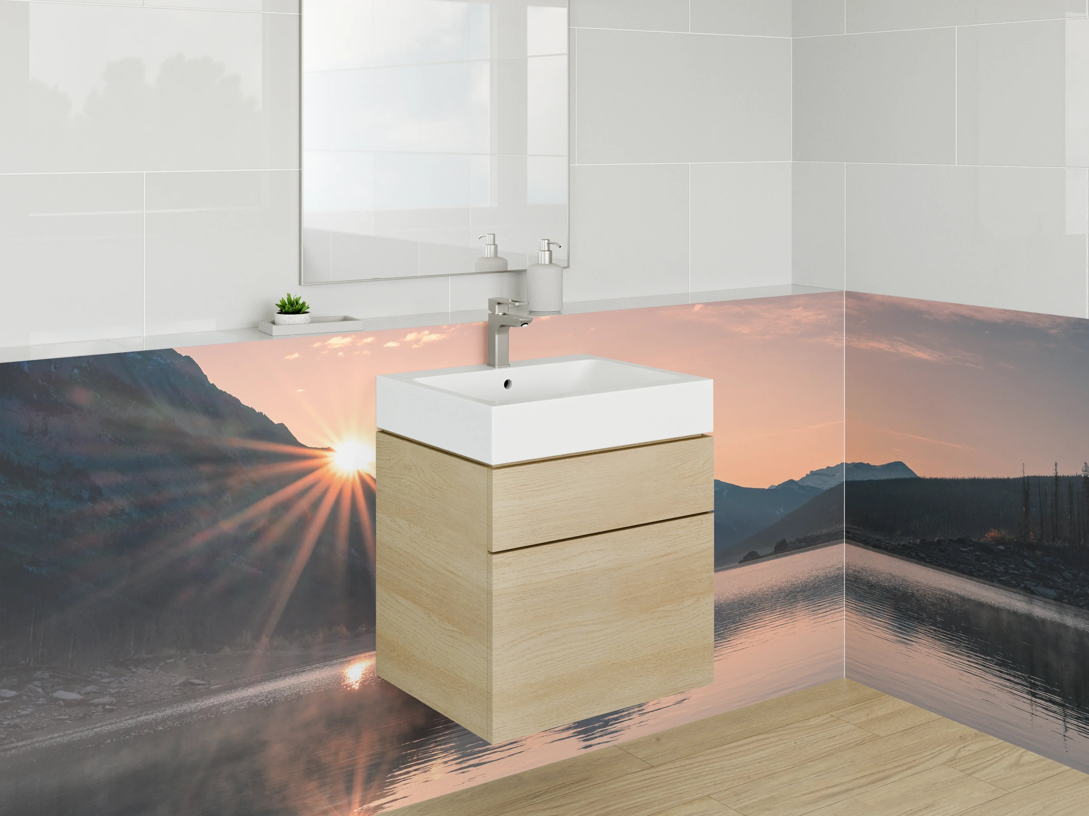 Waschbecken-Rückwand - Grauschimmer über stiller Seeweiße