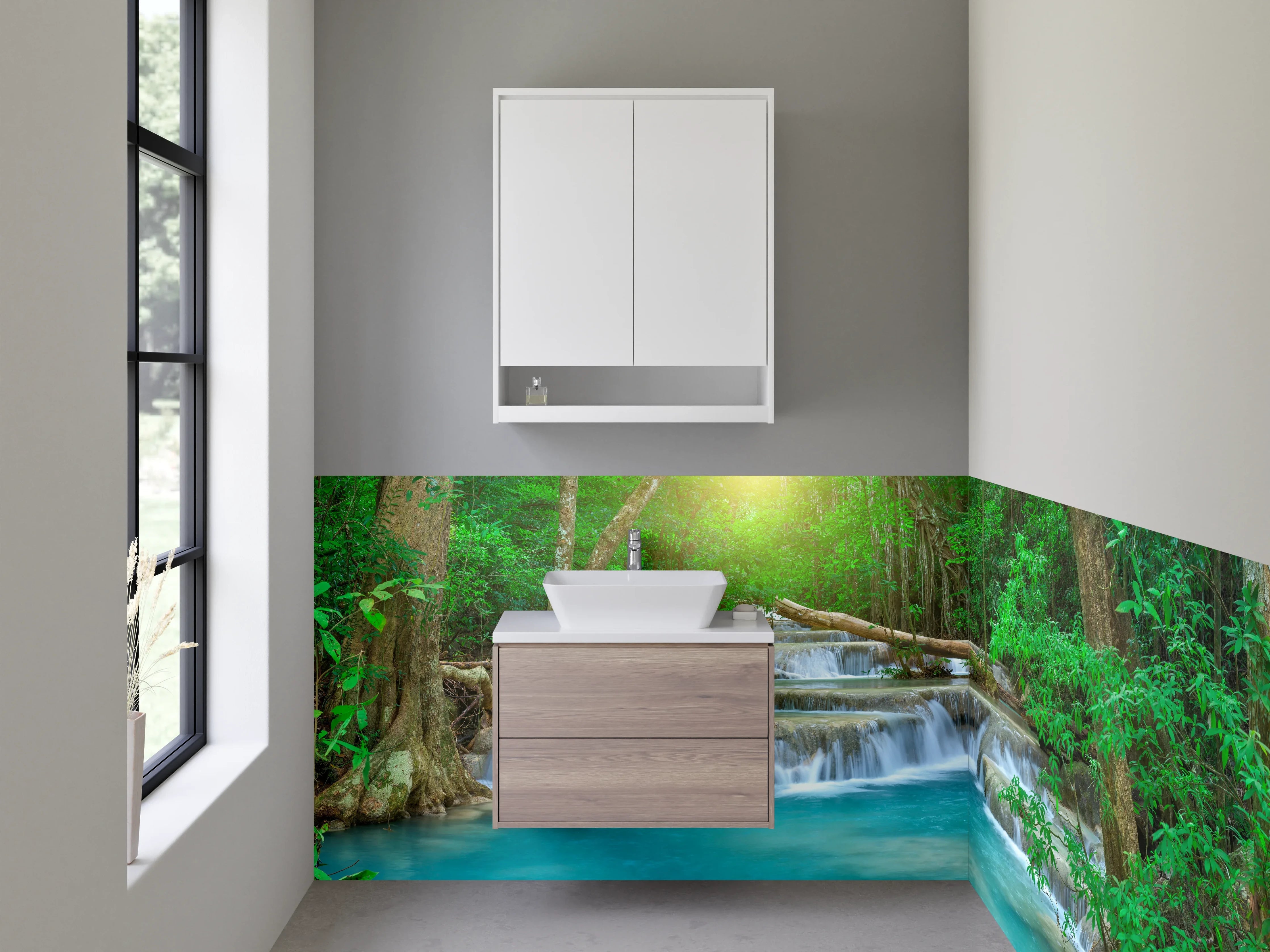 Waschbecken-Rückwand - Grauschimmer über weißem Dschungelwasserfall