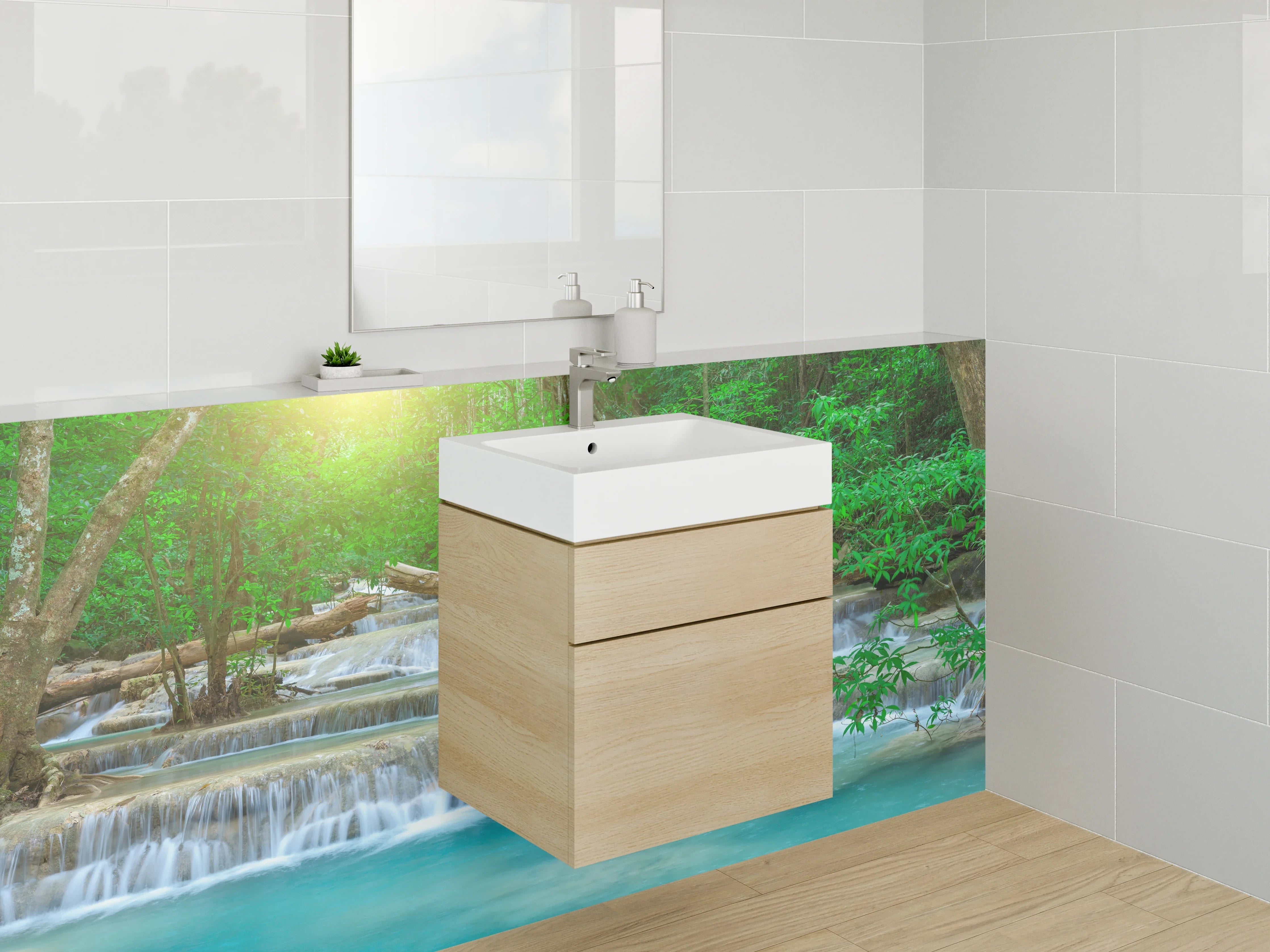 Waschbecken-Rückwand - Grauschimmer über weißem Dschungelwasserfall