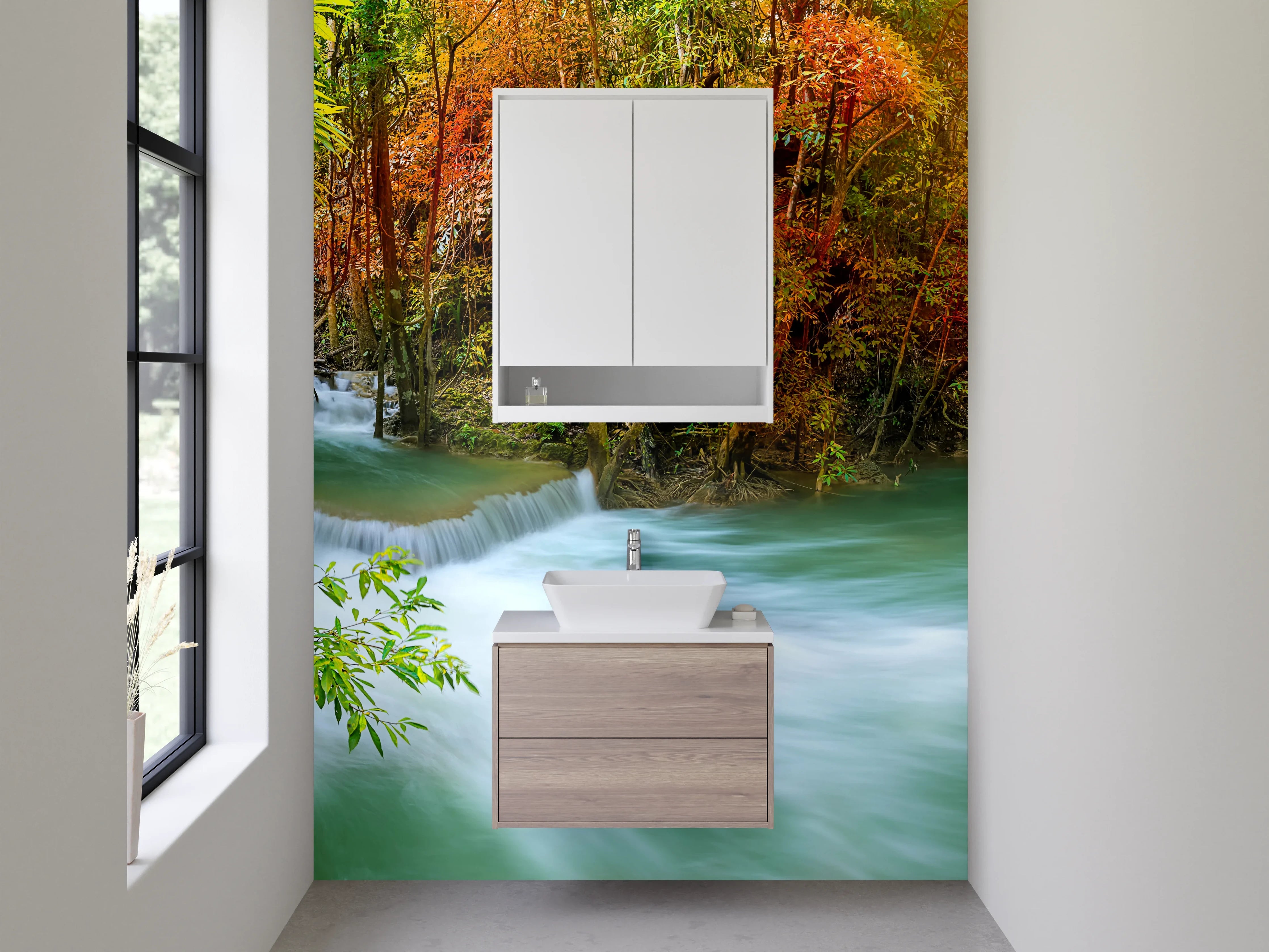 Waschbecken-Rückwand - Grauschimmer über weißem Waldfall