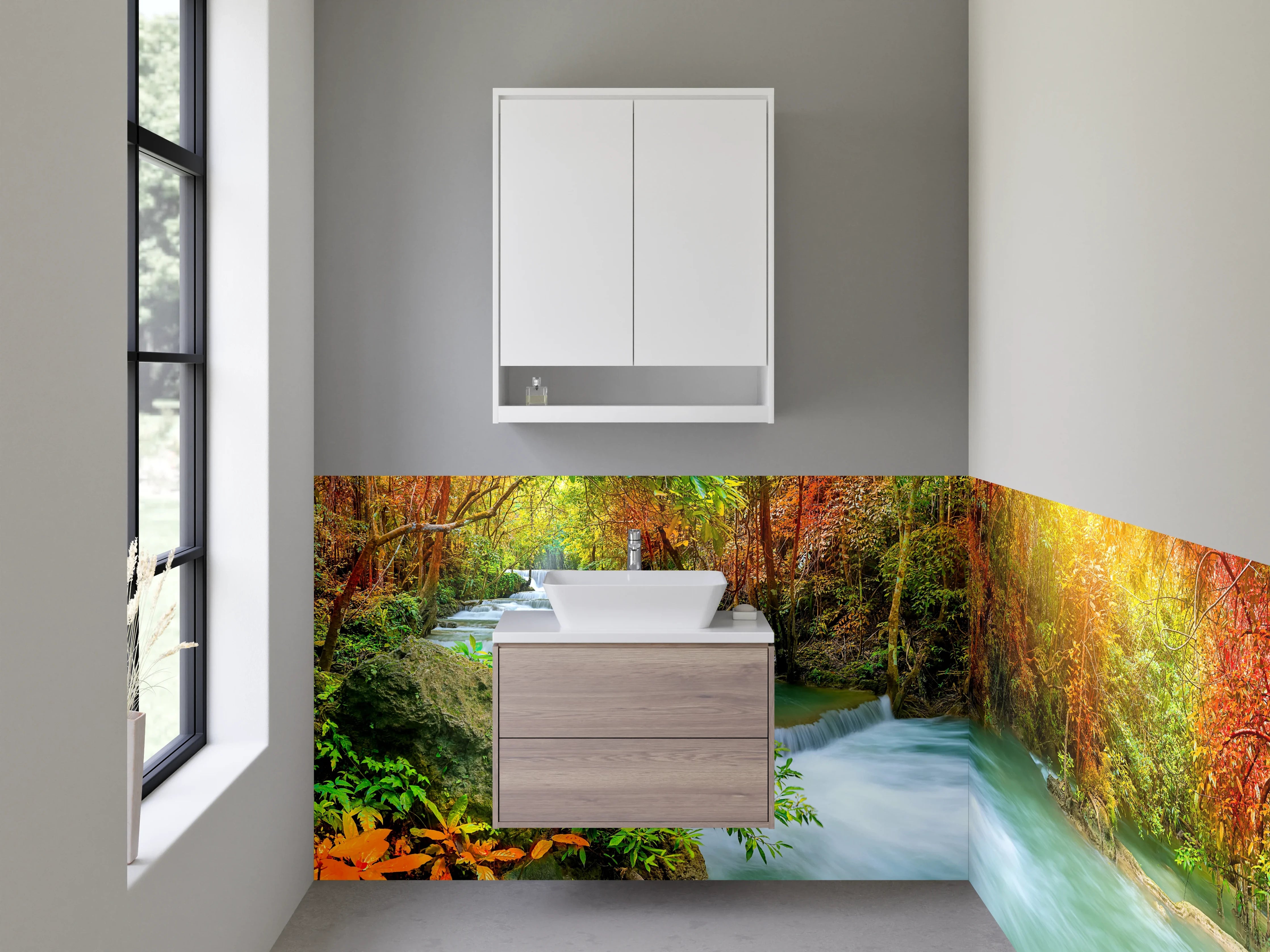 Waschbecken-Rückwand - Grauschimmer über weißem Waldfall