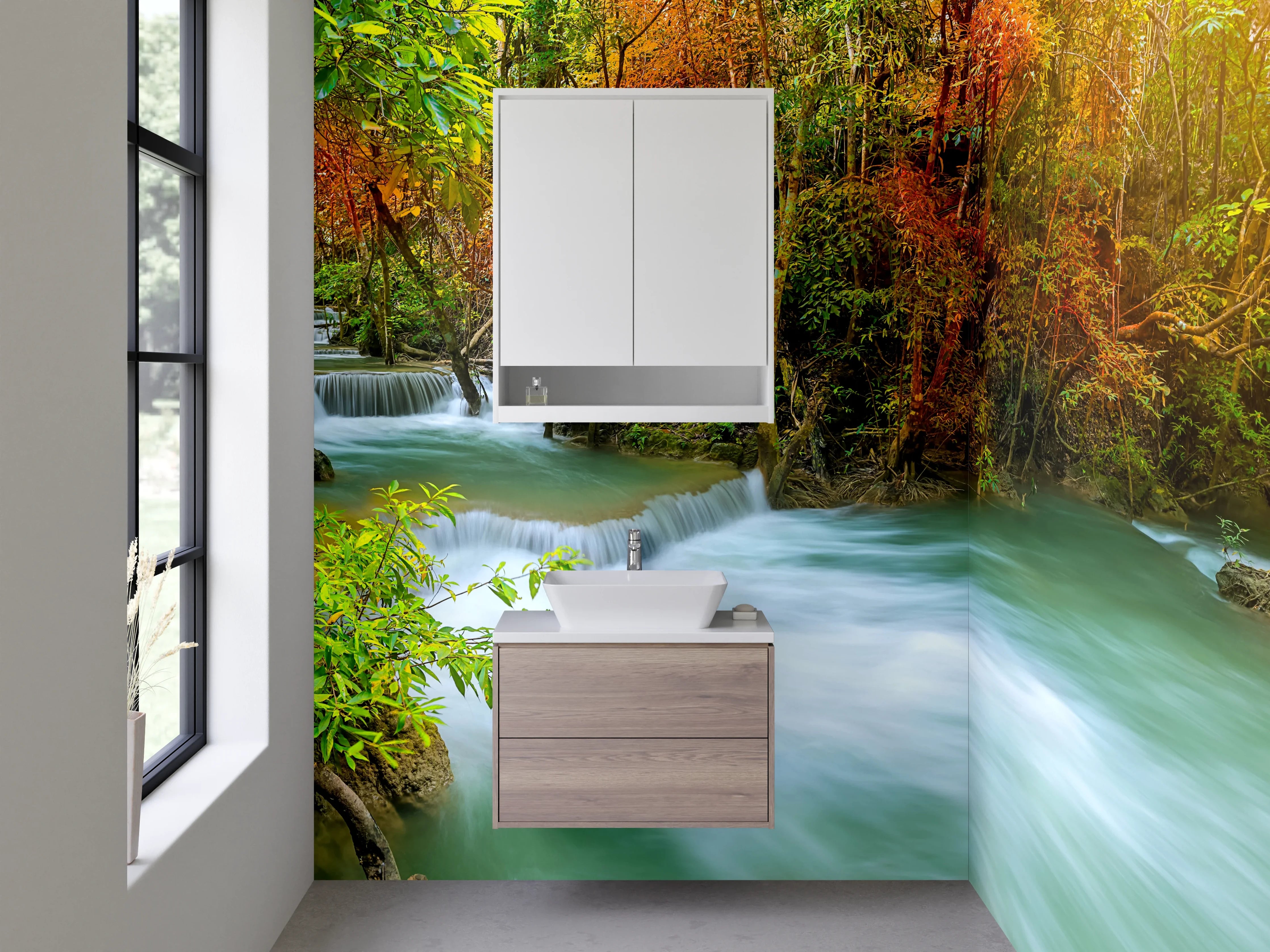 Waschbecken-Rückwand - Grauschimmer über weißem Waldfall