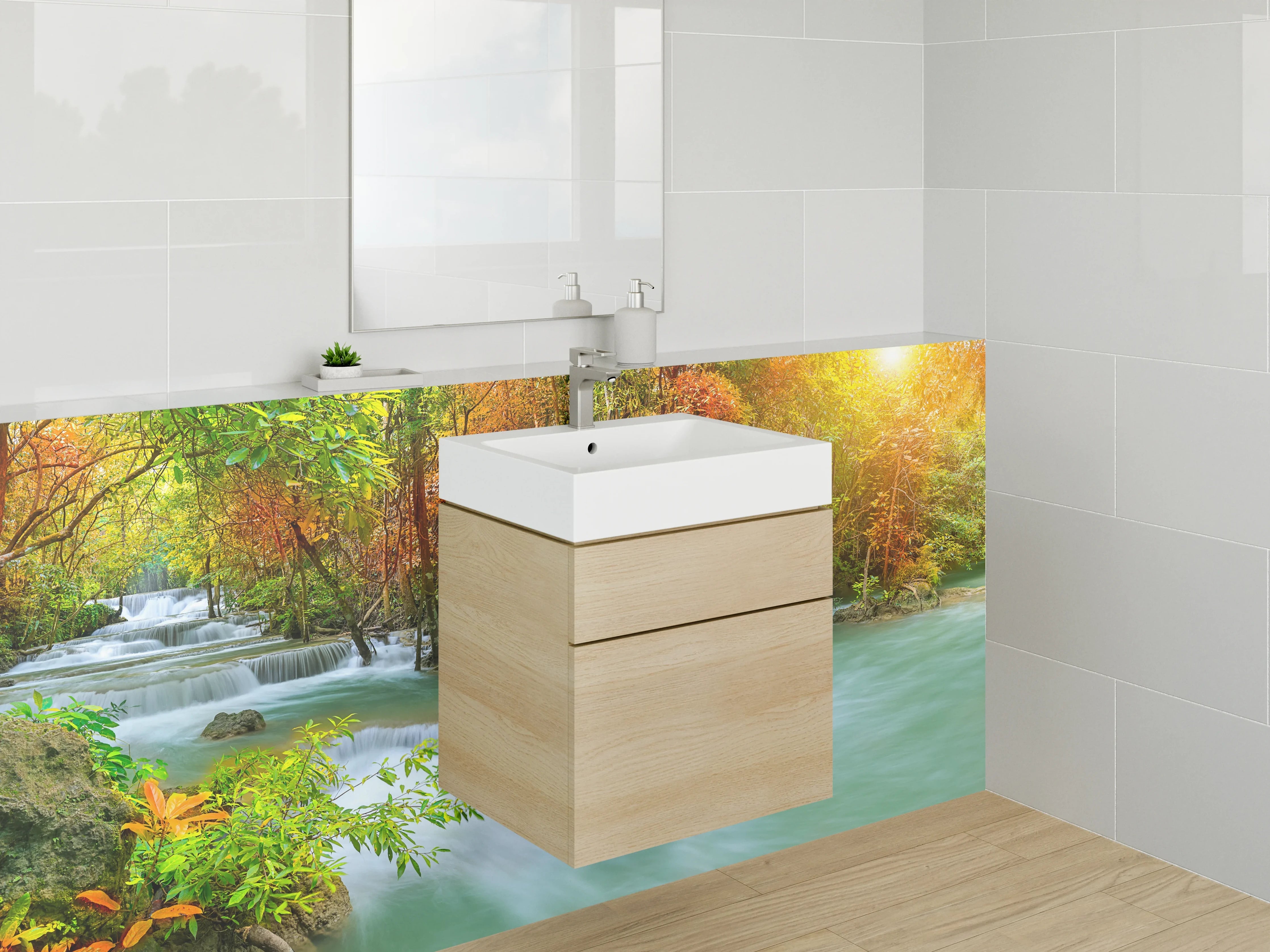 Waschbecken-Rückwand - Grauschimmer über weißem Waldfall