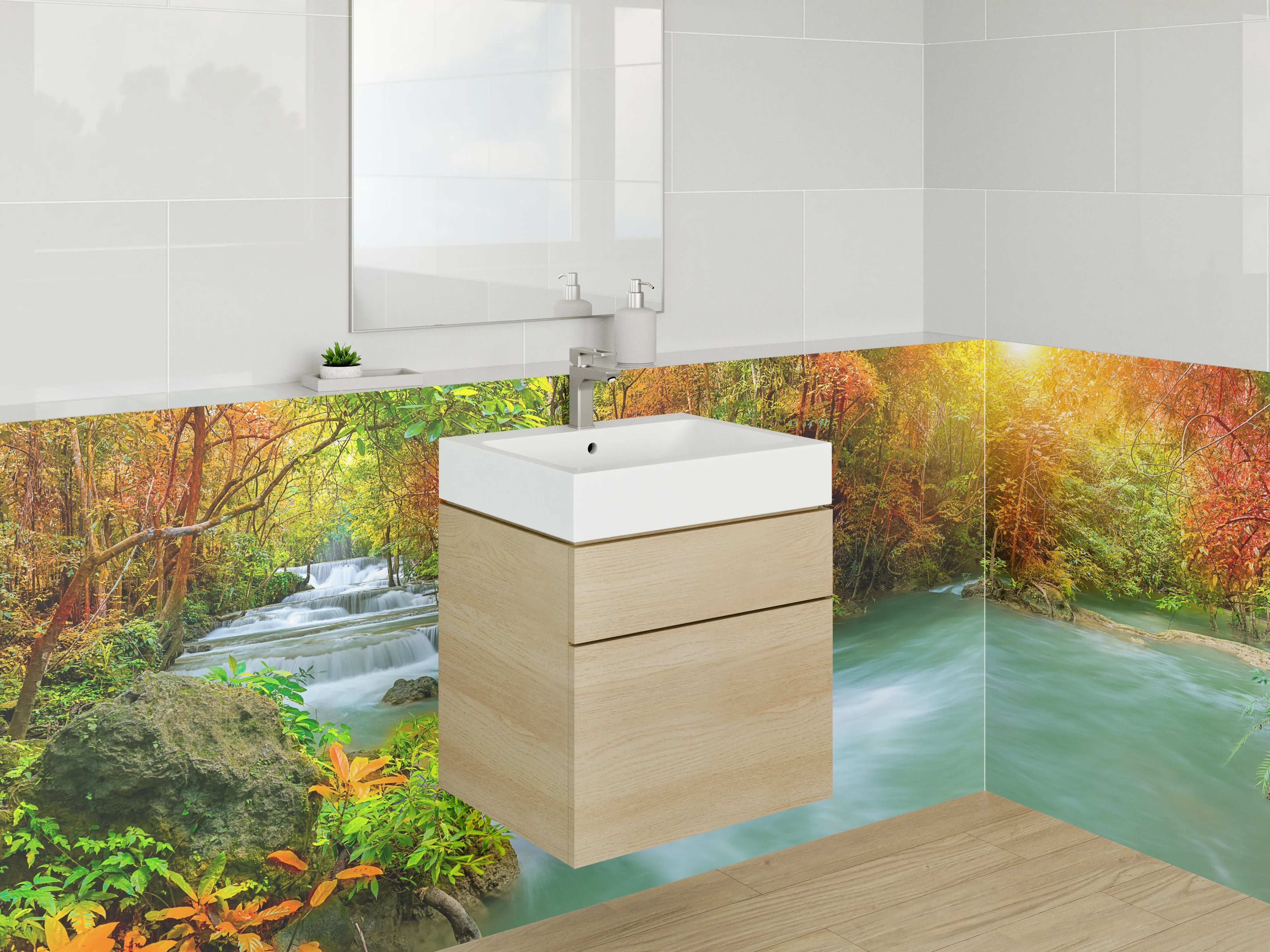 Waschbecken-Rückwand - Grauschimmer über weißem Waldfall