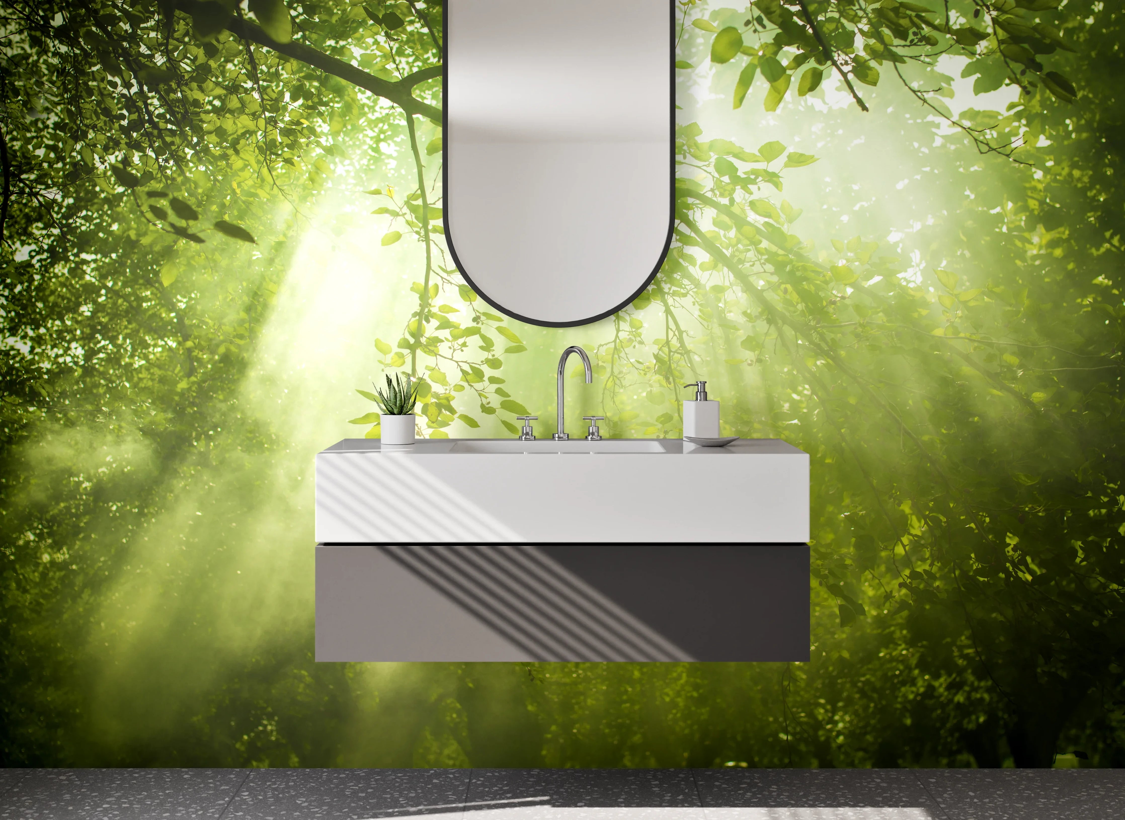 Waschbecken-Rückwand - Grauschimmer zwischen weißen Blättern