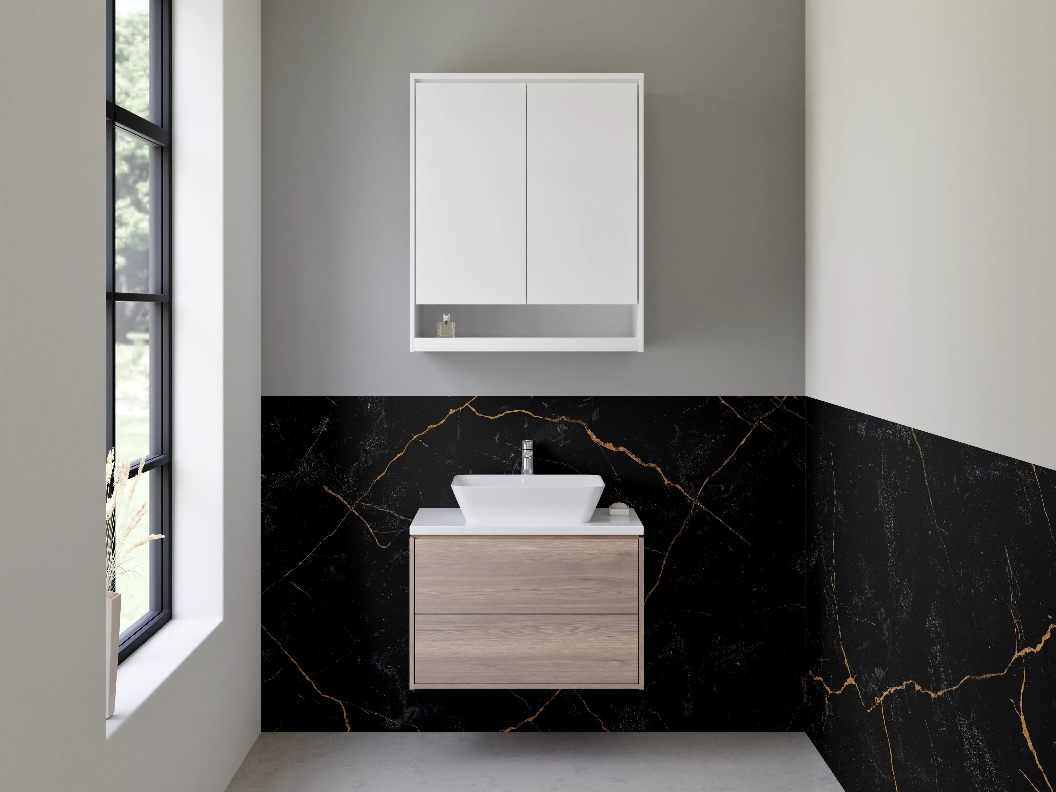 Waschbecken-Rückwand - Grauschimmernde Eleganz mit goldenen Linien