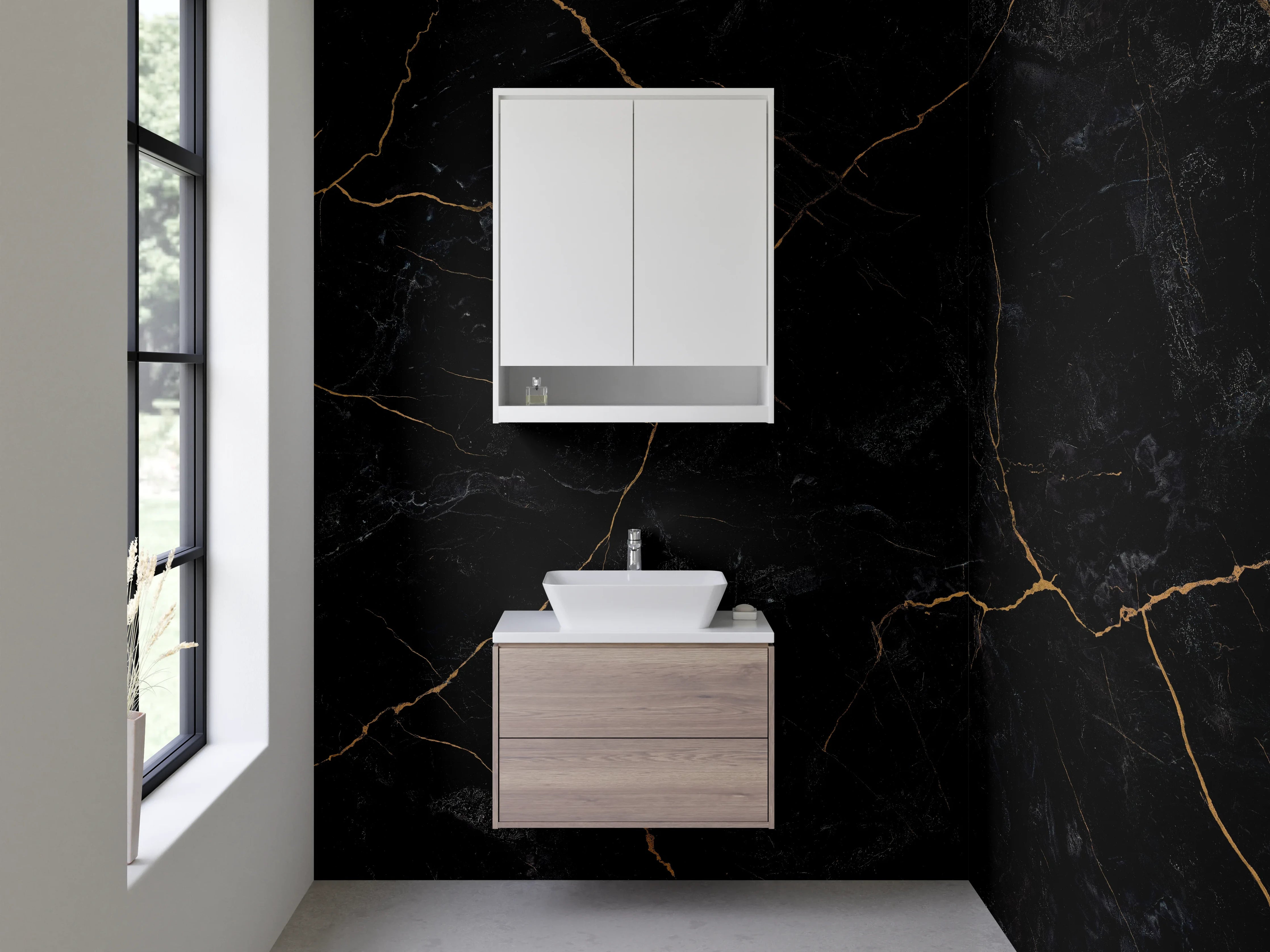 Waschbecken-Rückwand - Grauschimmernde Eleganz mit goldenen Linien