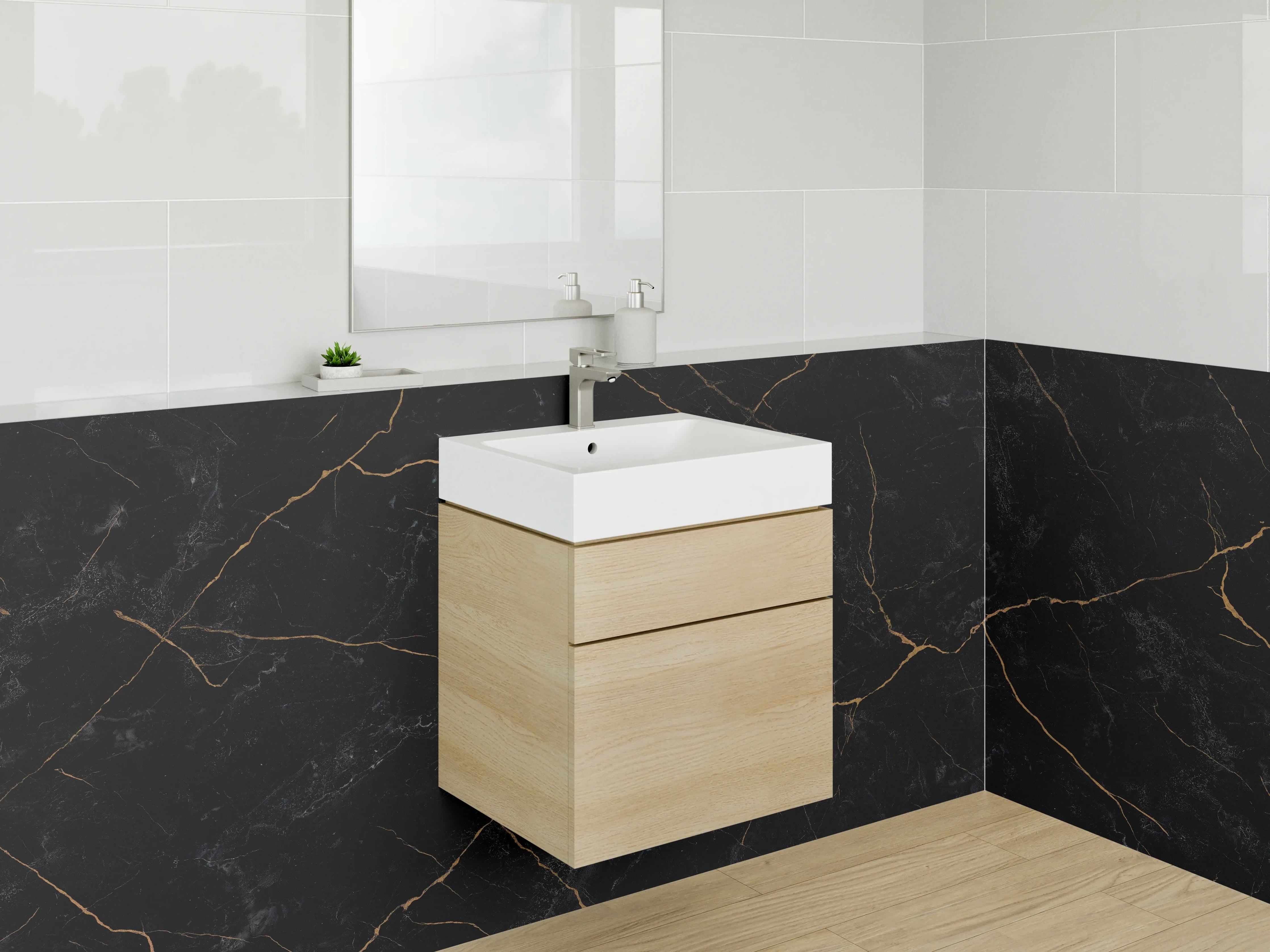 Waschbecken-Rückwand - Grauschimmernde Eleganz mit goldenen Linien
