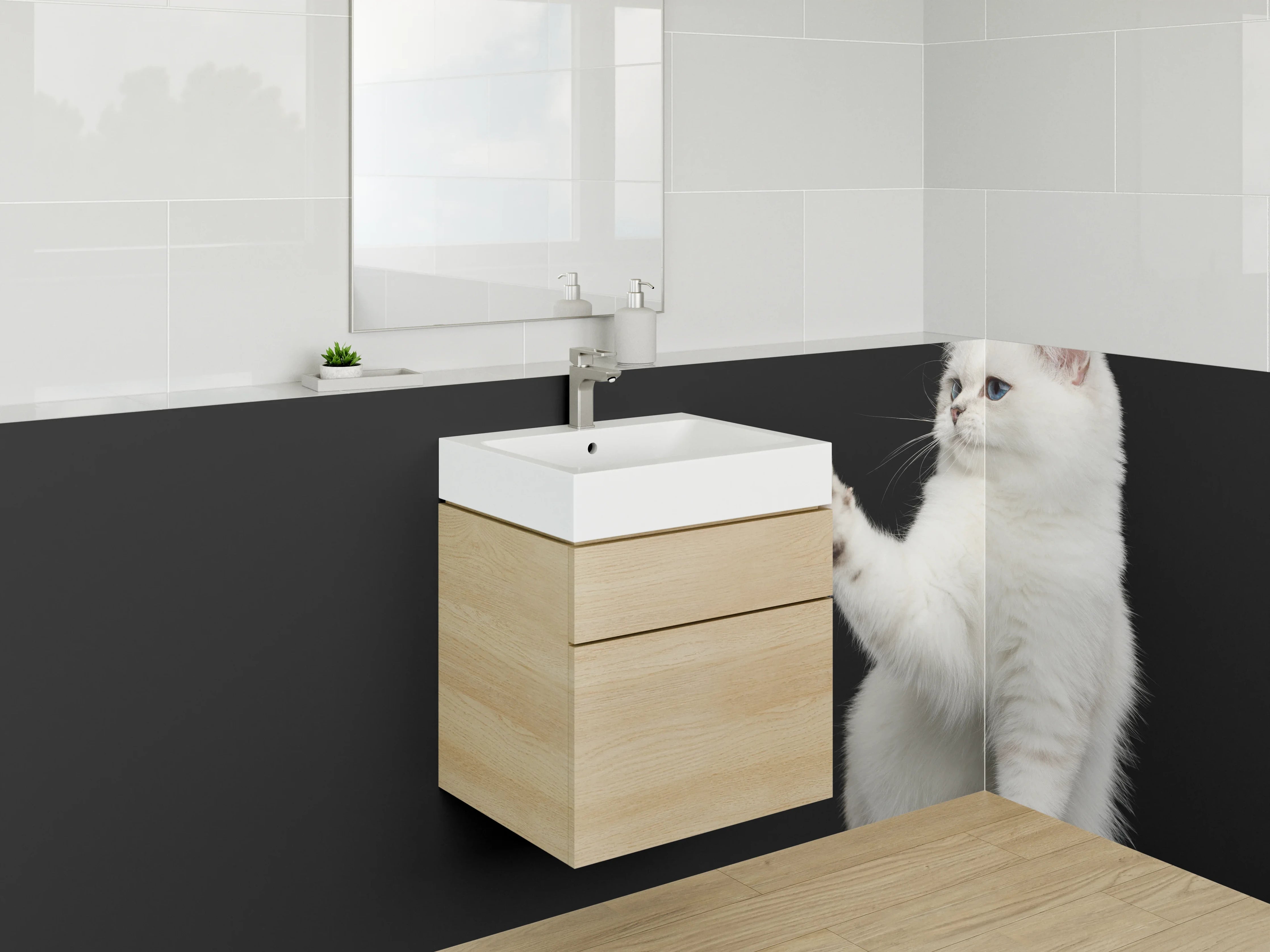 Waschbecken-Rückwand - Grauschimmernde Katze vor Nachtschatten