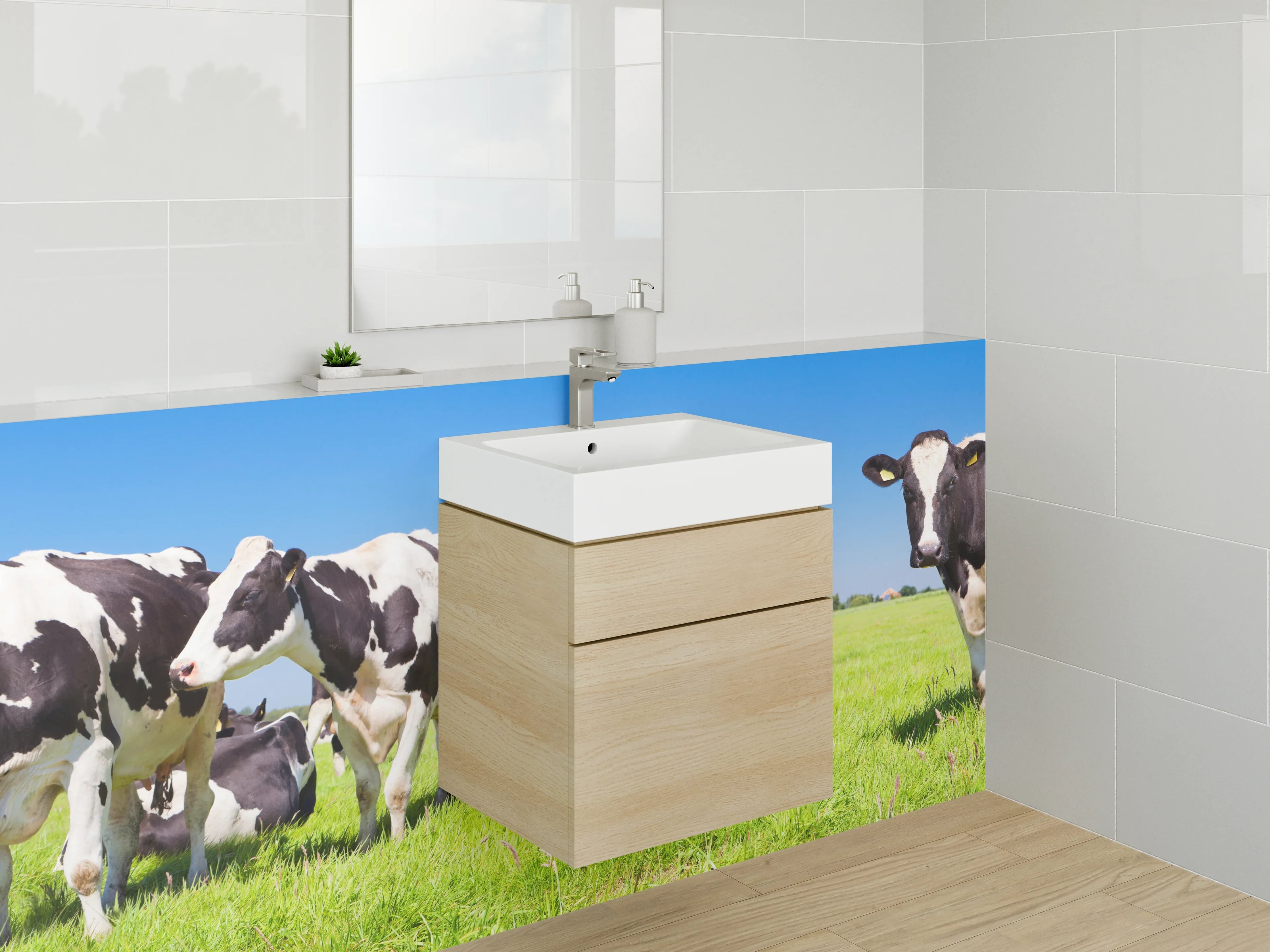 Waschbecken-Rückwand - Grauschimmernde Kühe im Wiesengrün