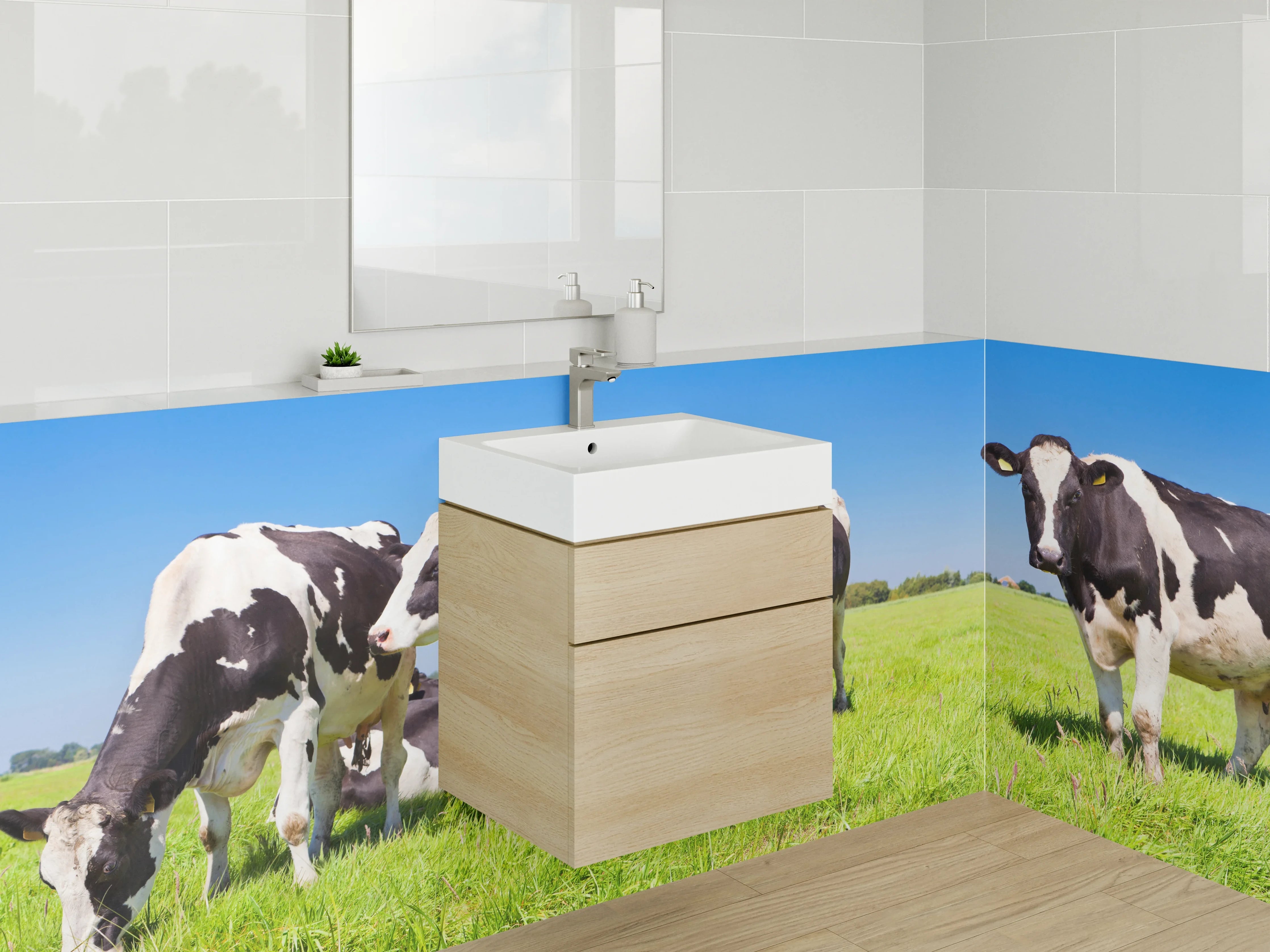 Waschbecken-Rückwand - Grauschimmernde Kühe im Wiesengrün