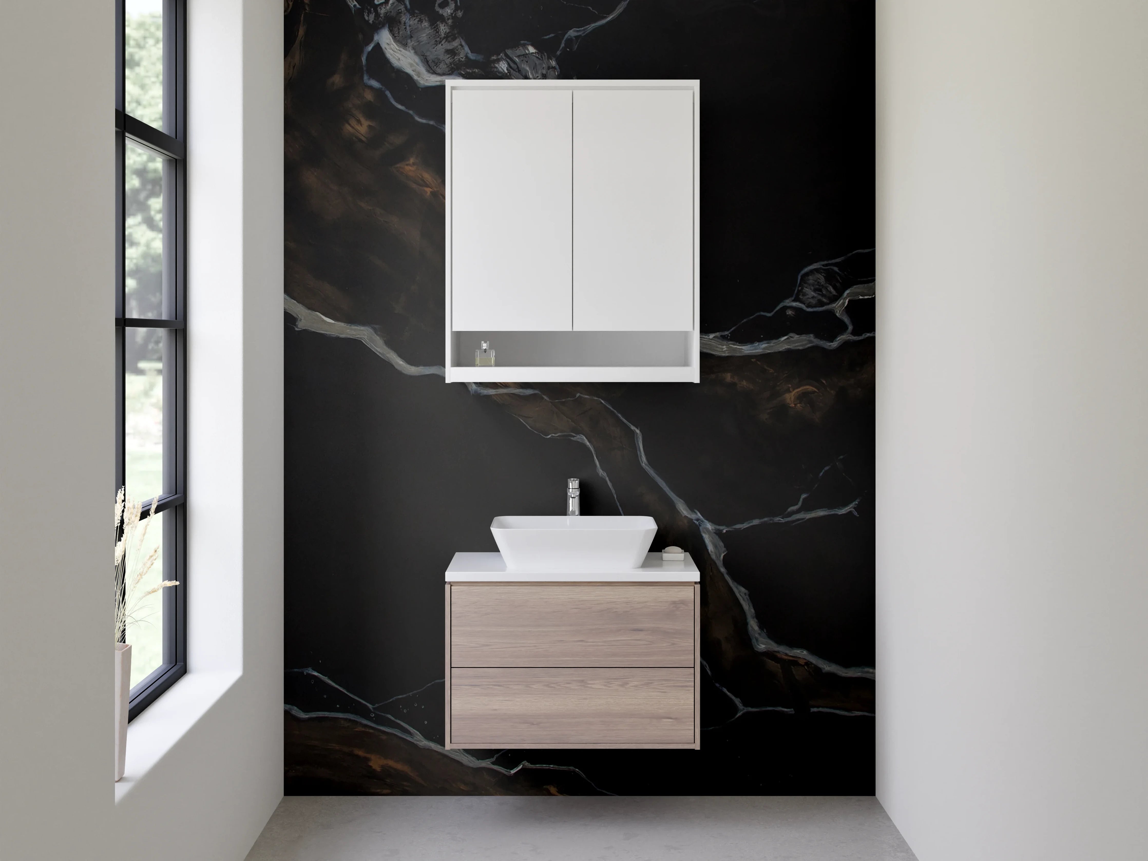 Waschbecken-Rückwand - Grauschimmernde Marmoroptik mit Weiß