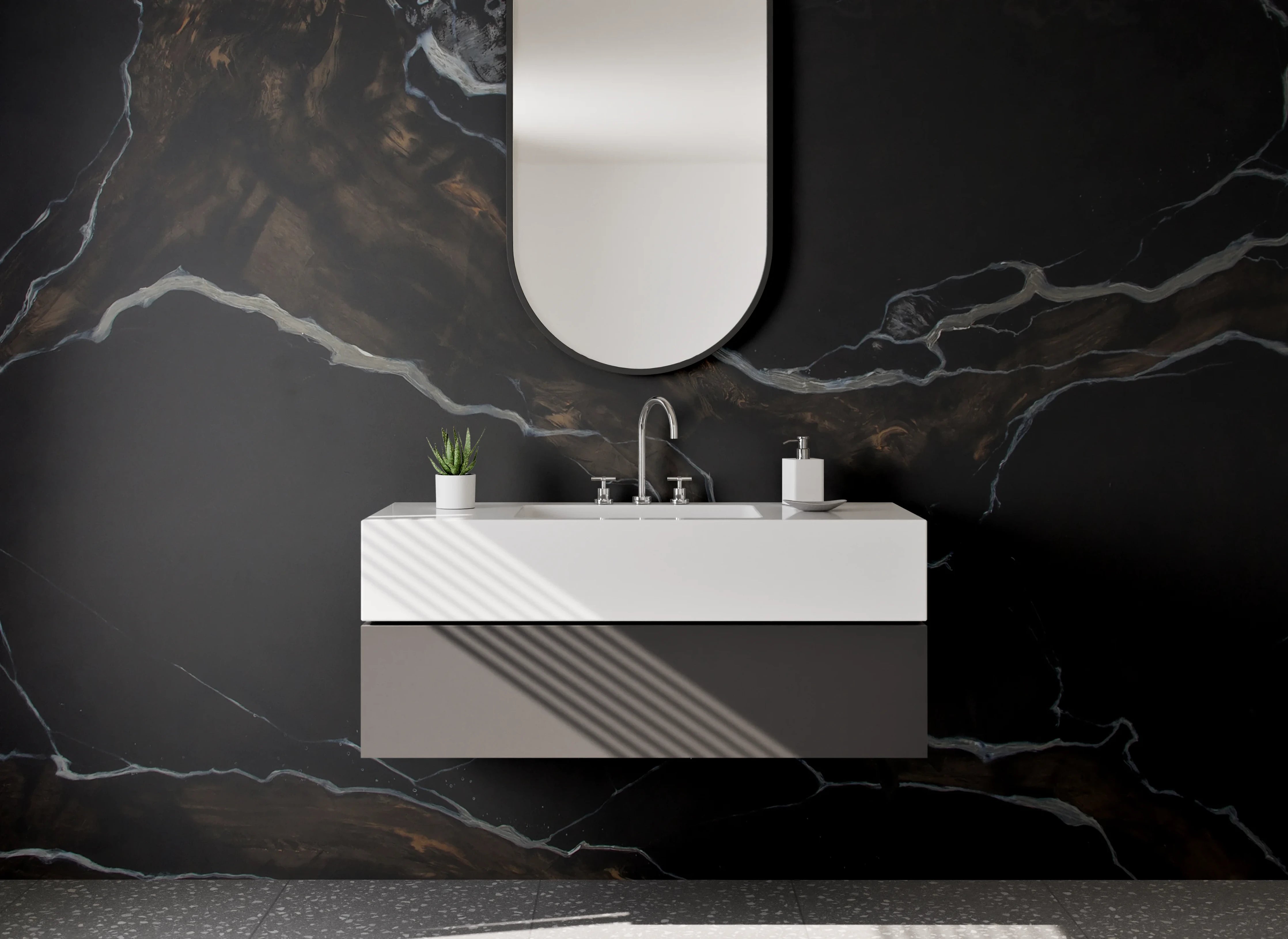 Waschbecken-Rückwand - Grauschimmernde Marmoroptik mit Weiß