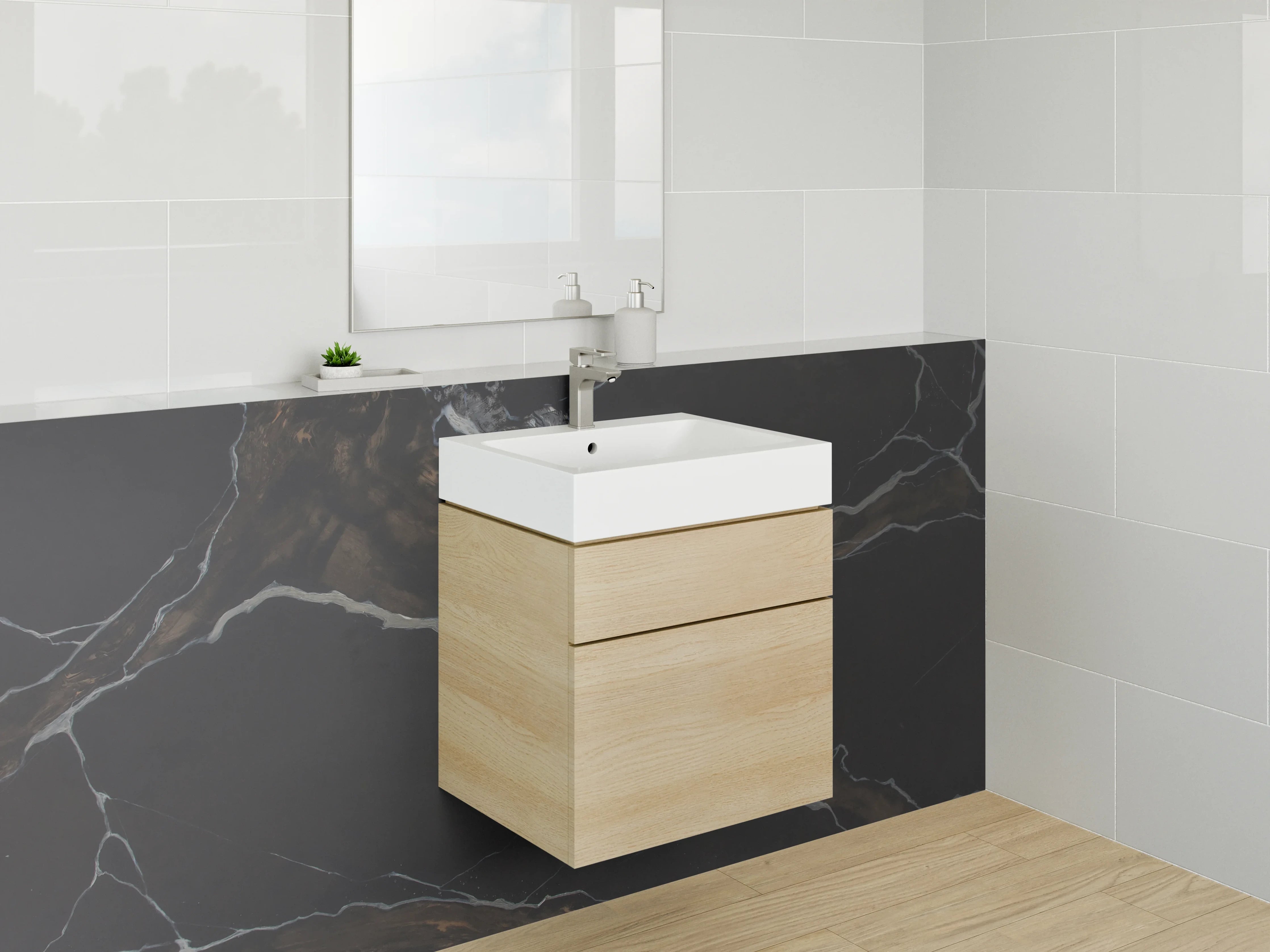 Waschbecken-Rückwand - Grauschimmernde Marmoroptik mit Weiß