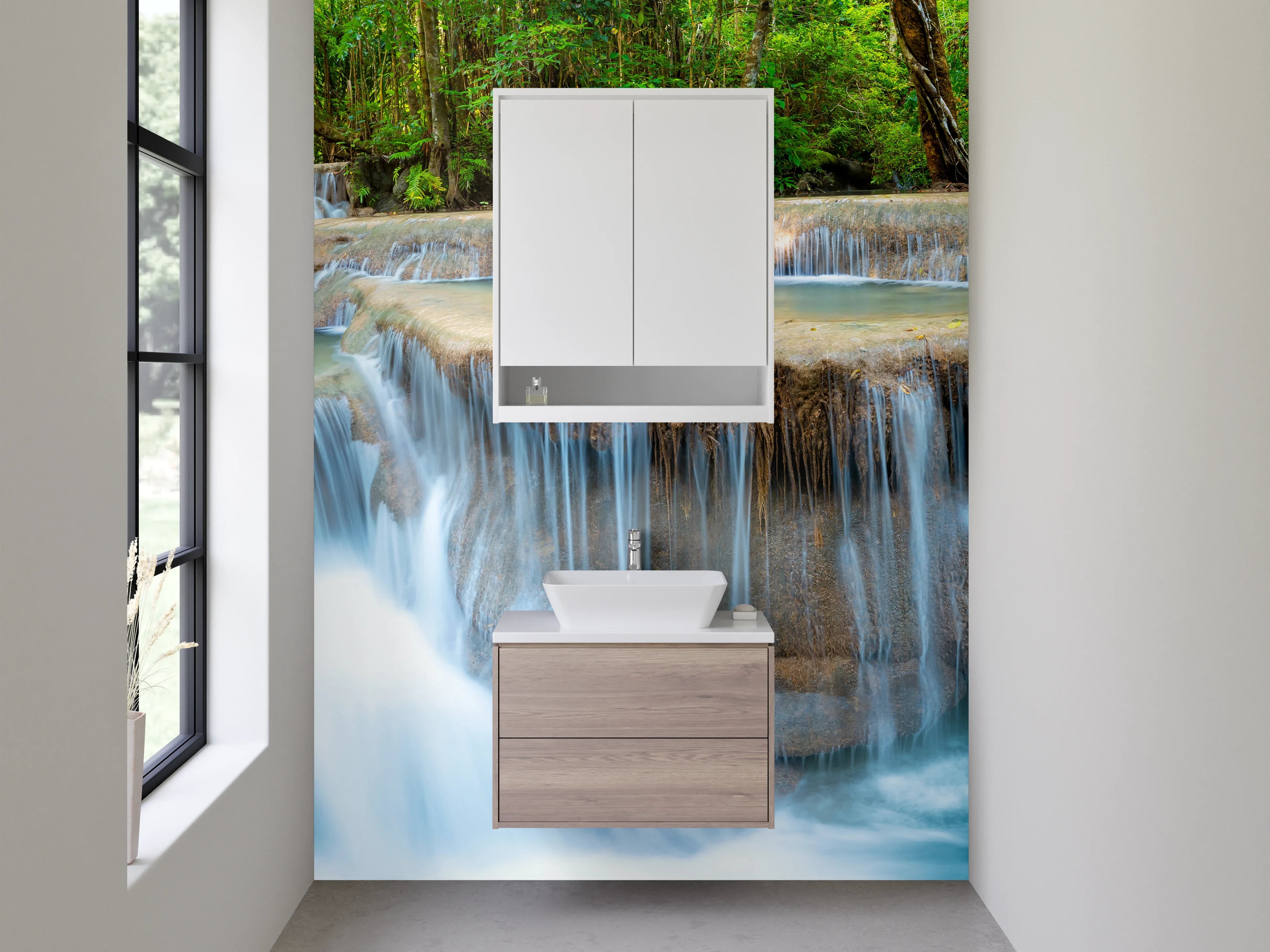 Waschbecken-Rückwand - Grauschimmernde Wasserperlen im Urwald