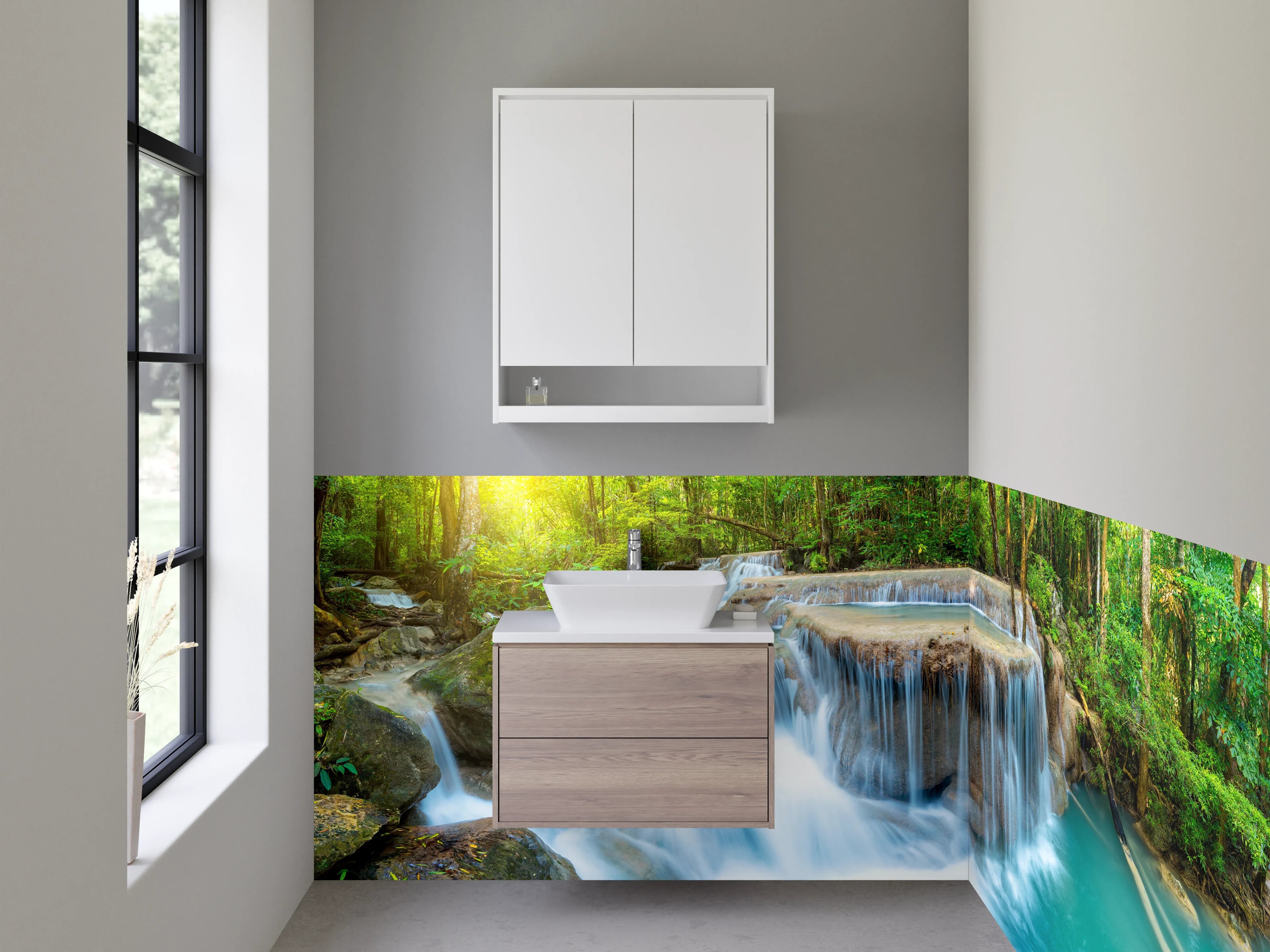 Waschbecken-Rückwand - Grauschimmernde Wasserperlen im Urwald