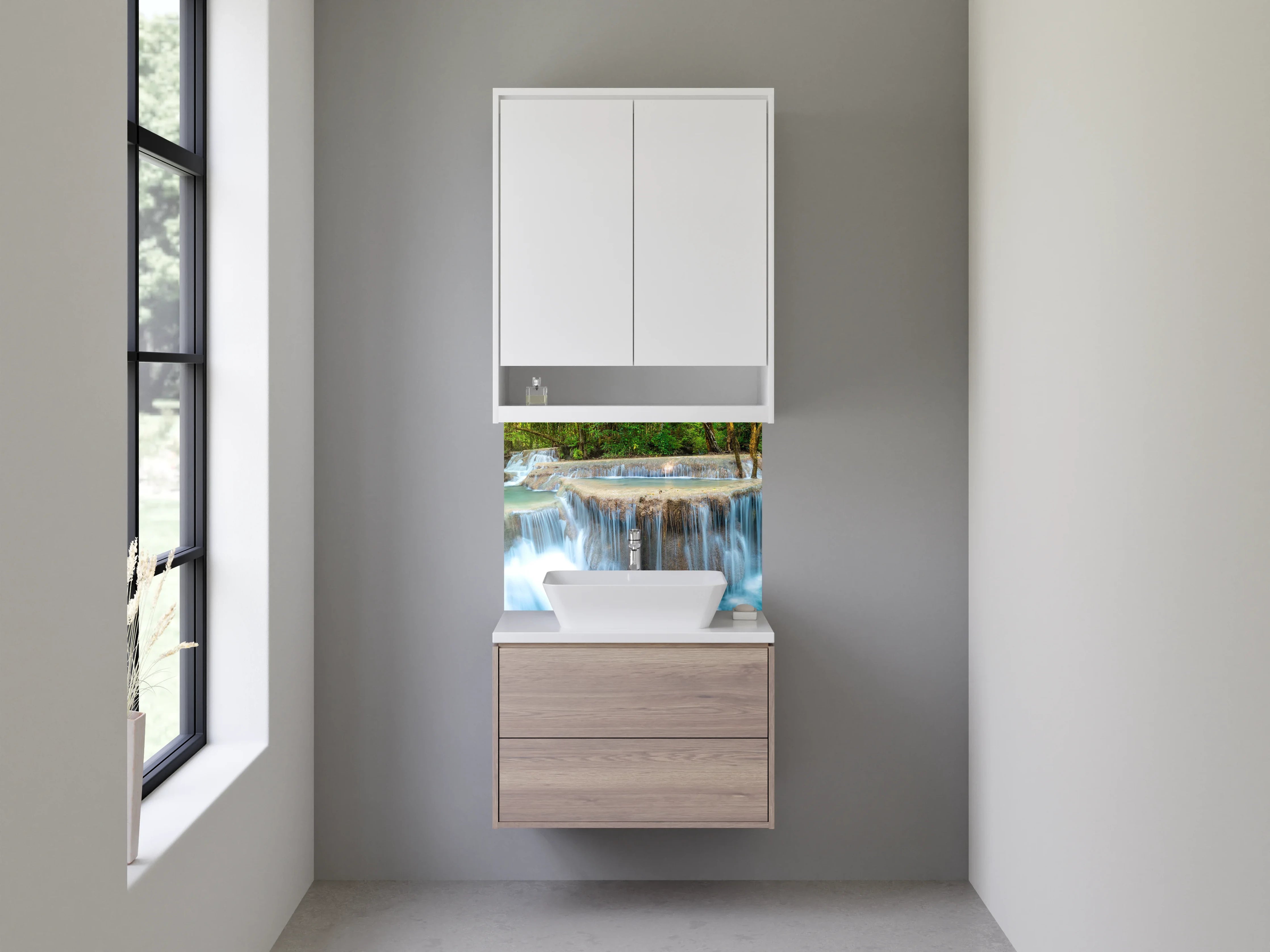 Waschbecken-Rückwand - Grauschimmernde Wasserperlen im Urwald