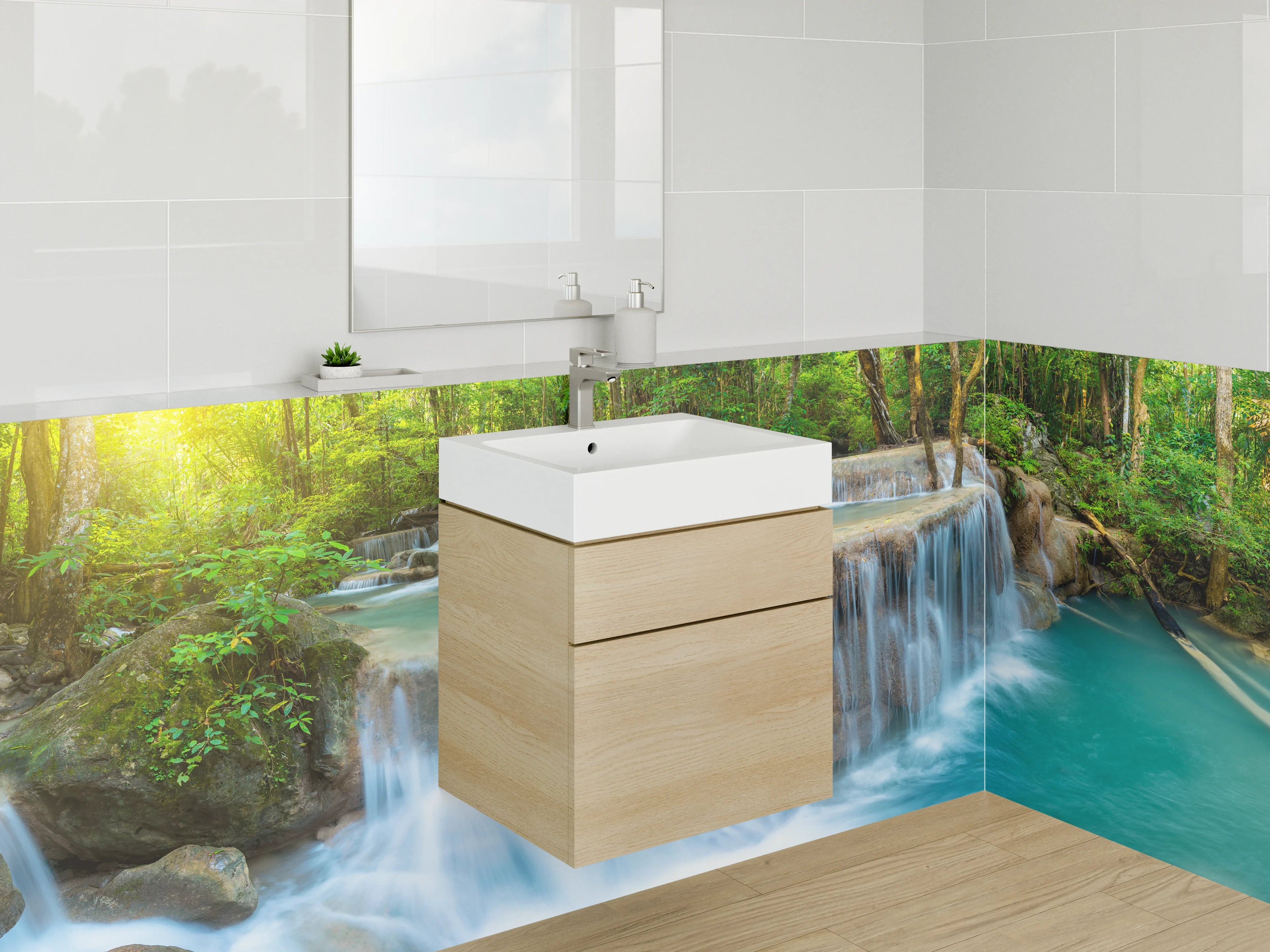 Waschbecken-Rückwand - Grauschimmernde Wasserperlen im Urwald