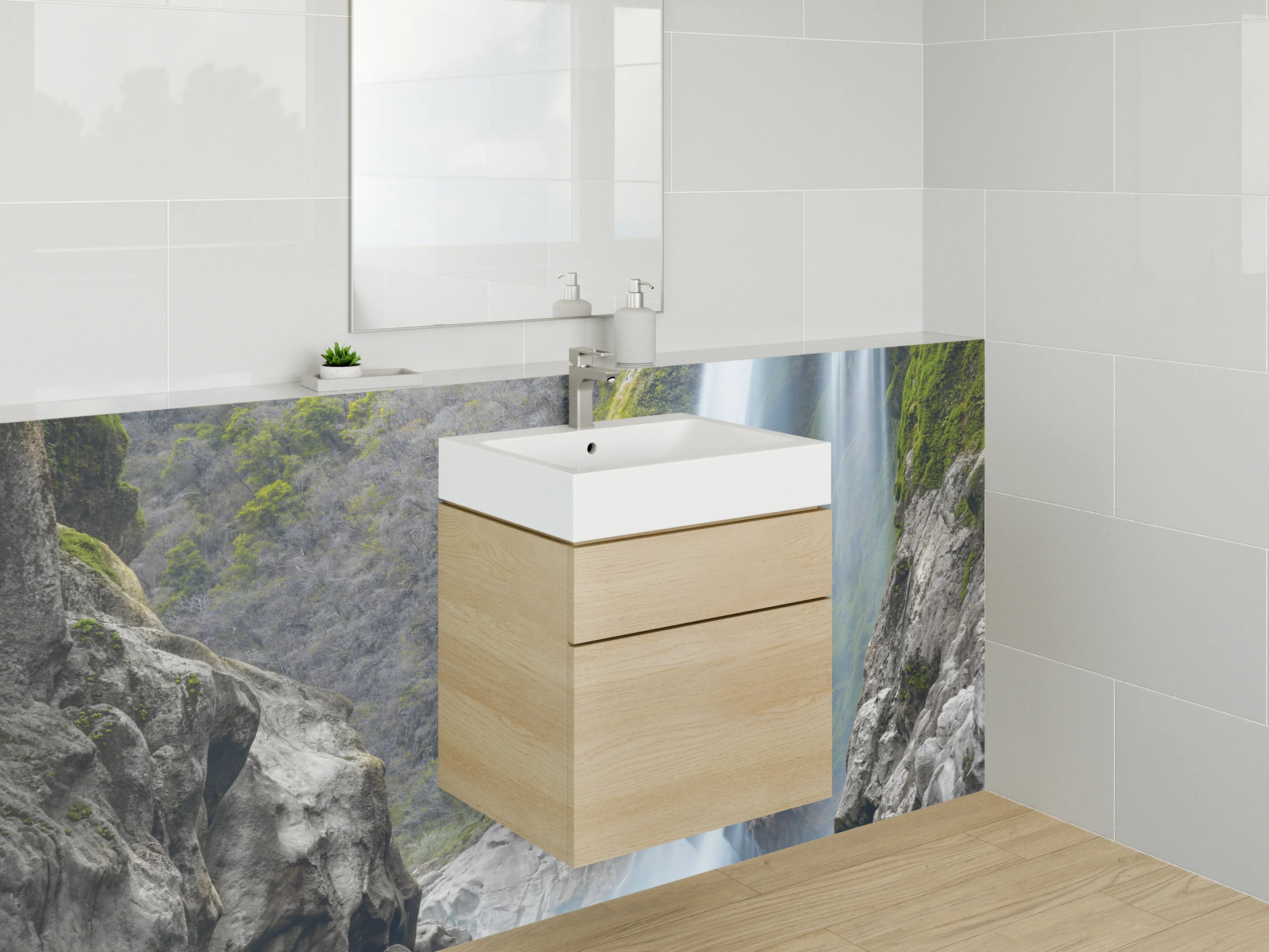 Waschbecken-Rückwand - Grauschimmernde Wasserpracht im Weiß