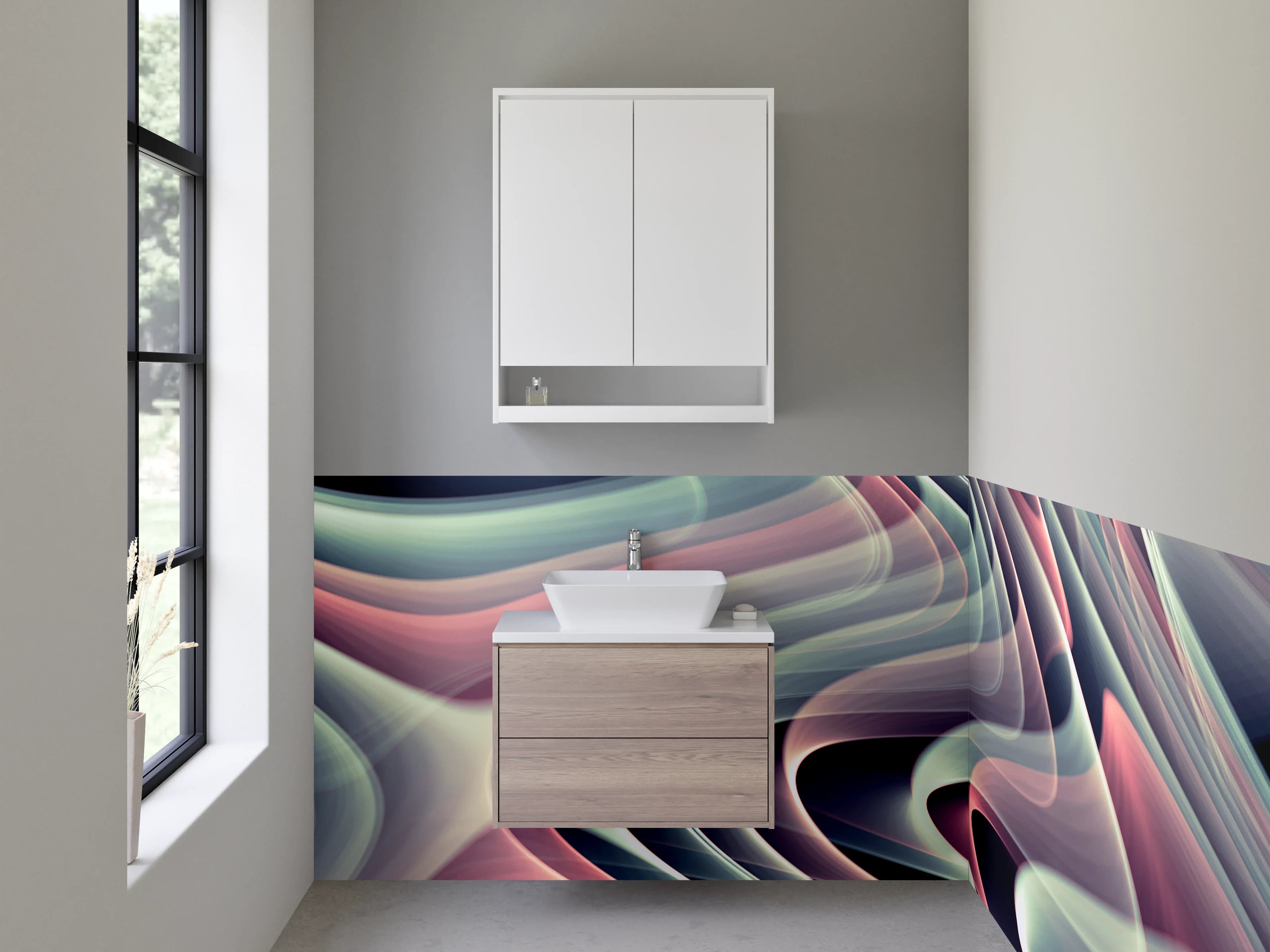 Waschbecken-Rückwand - Grauschimmernde Wellen in Pastellweiß
